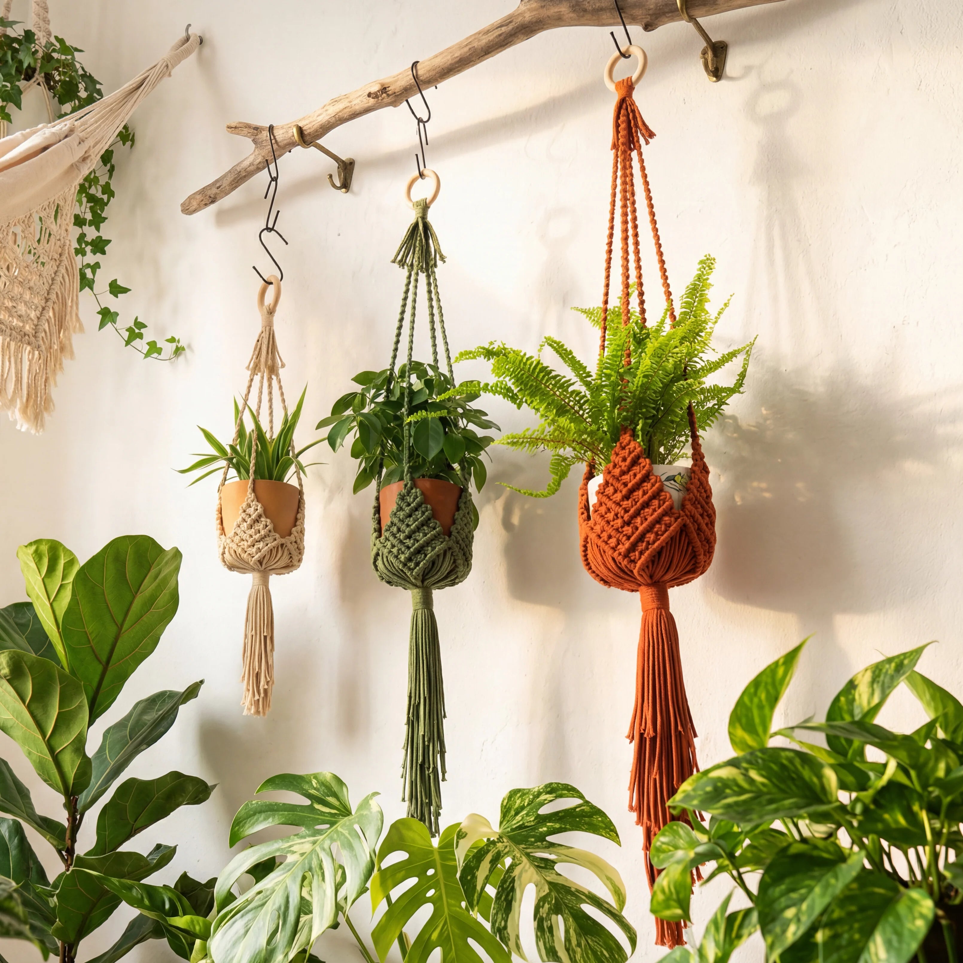set of different macrame plant holders 