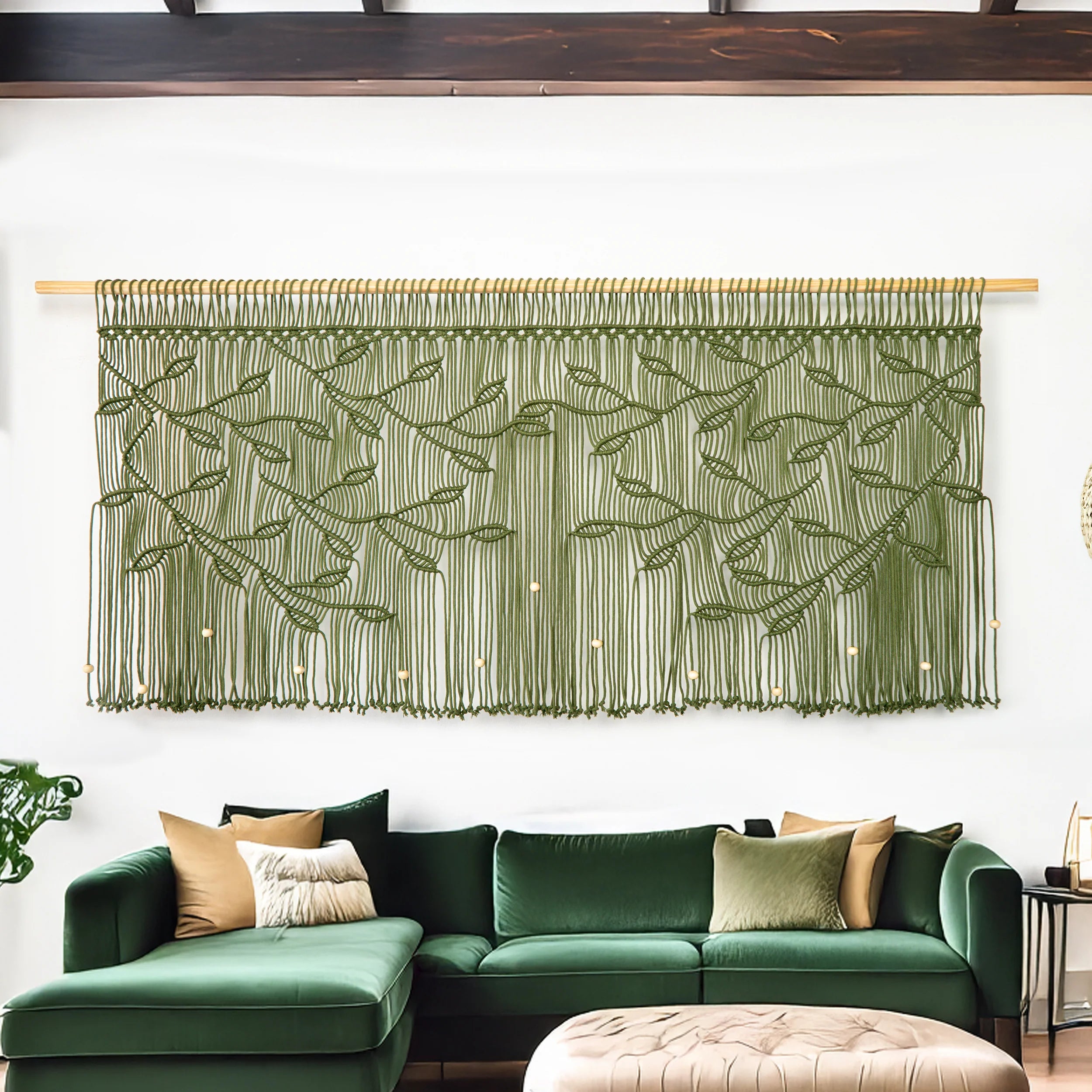Translation missing: en.Olive green macrame leaf window valances for boho living room decor: Macrame Curtains & Valances
