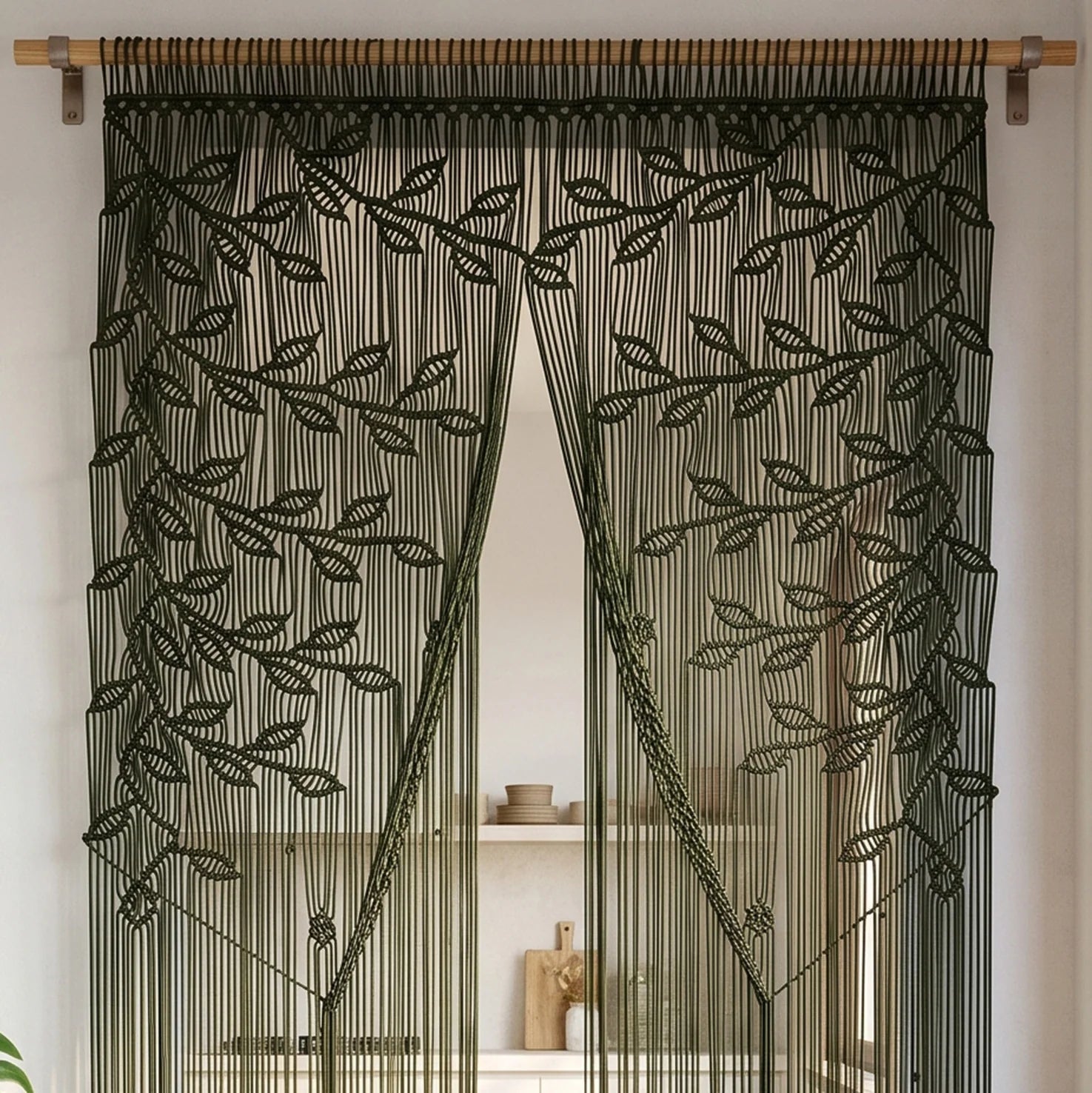Dark Green Macrame Leaf Boho Doorway Curtain