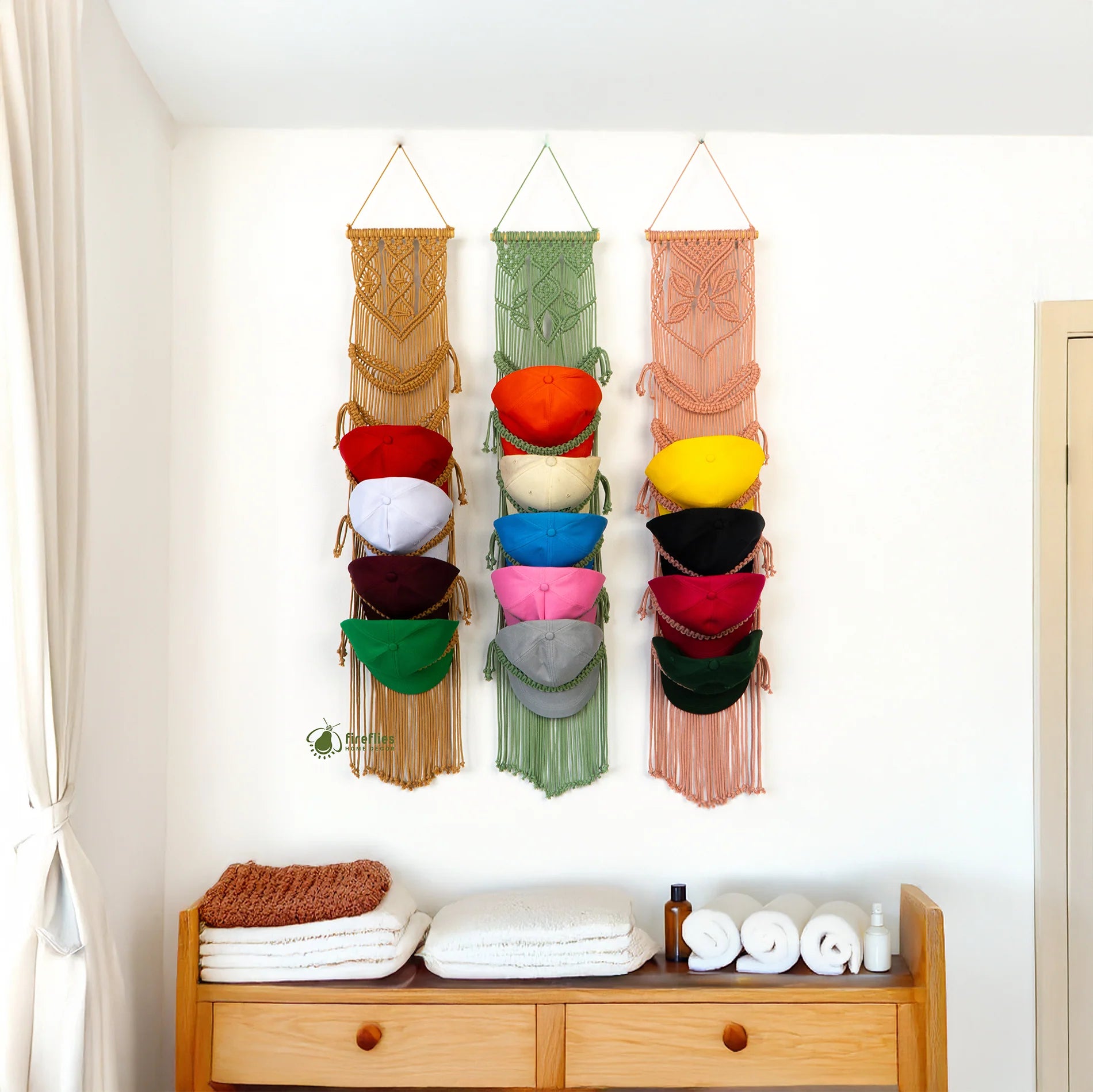 Translation missing: en.Colorful macrame baseball cap holders for boho home decor and storaging: Macrame Baseball Cap Holders