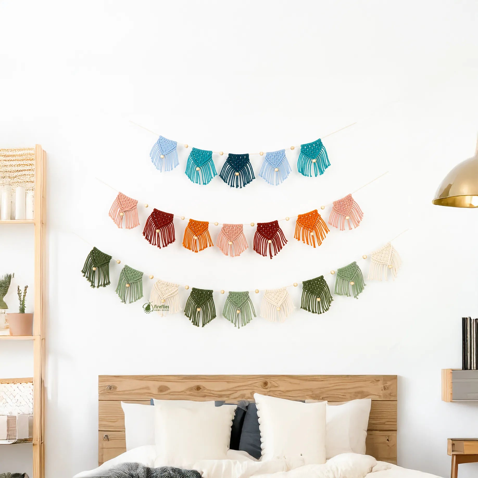 Translation missing: en.Close up of macrame feather garlands over headboard for bedroom decor: Macrame Garlands