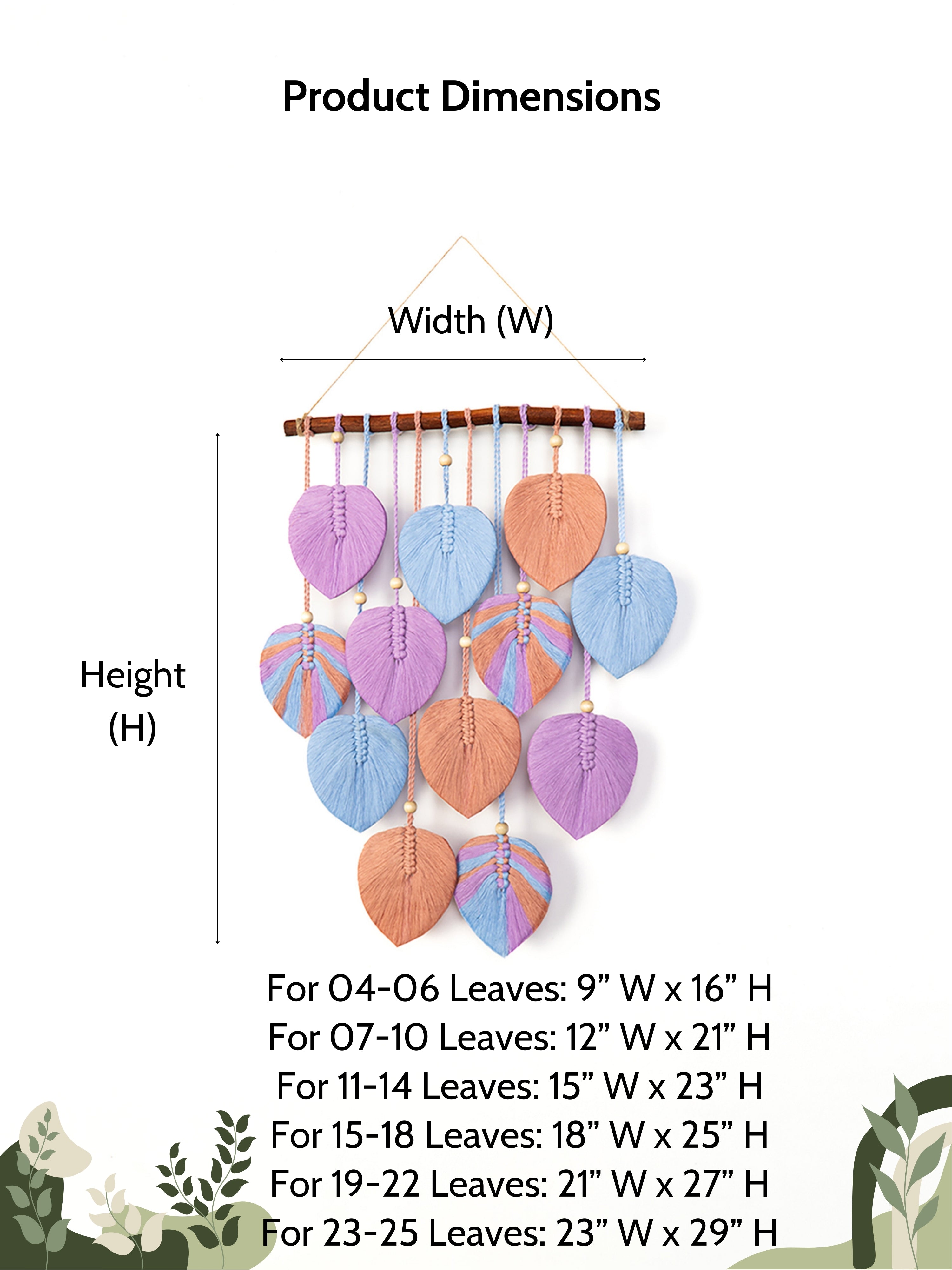 Colorful leaf-shaped wall hanging with dimensions labeled