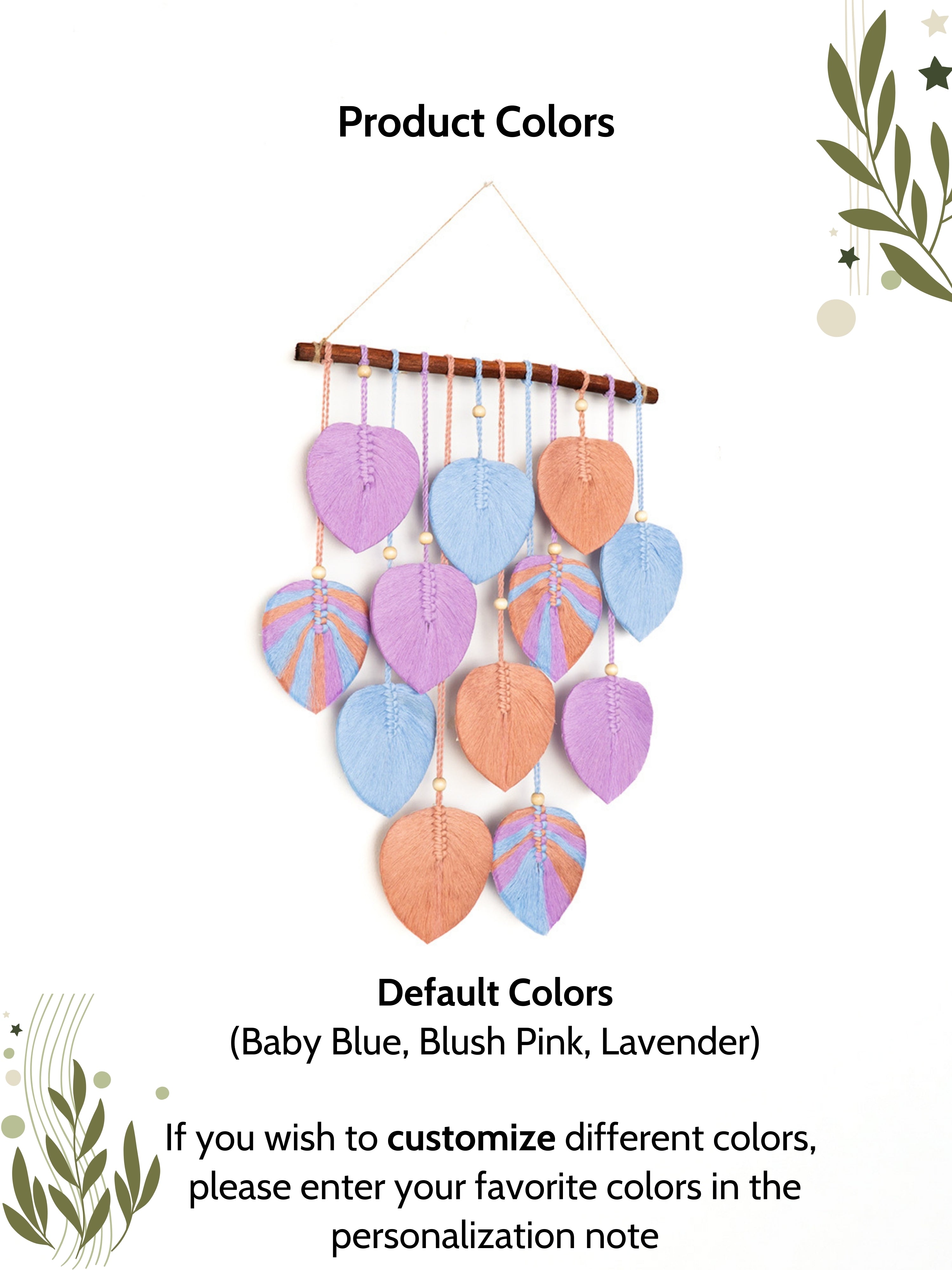 Colorful leaf-shaped wall hanging with customizable color options on a white background