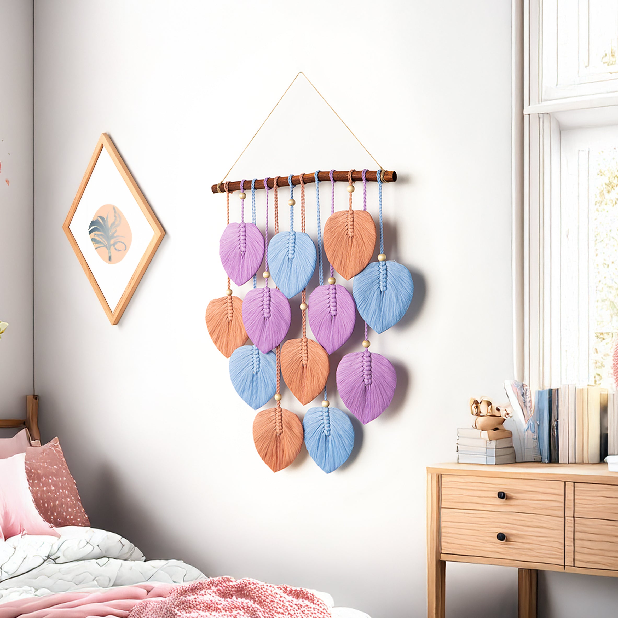 Decorative wall hanging with colorful leaves in a bedroom setting