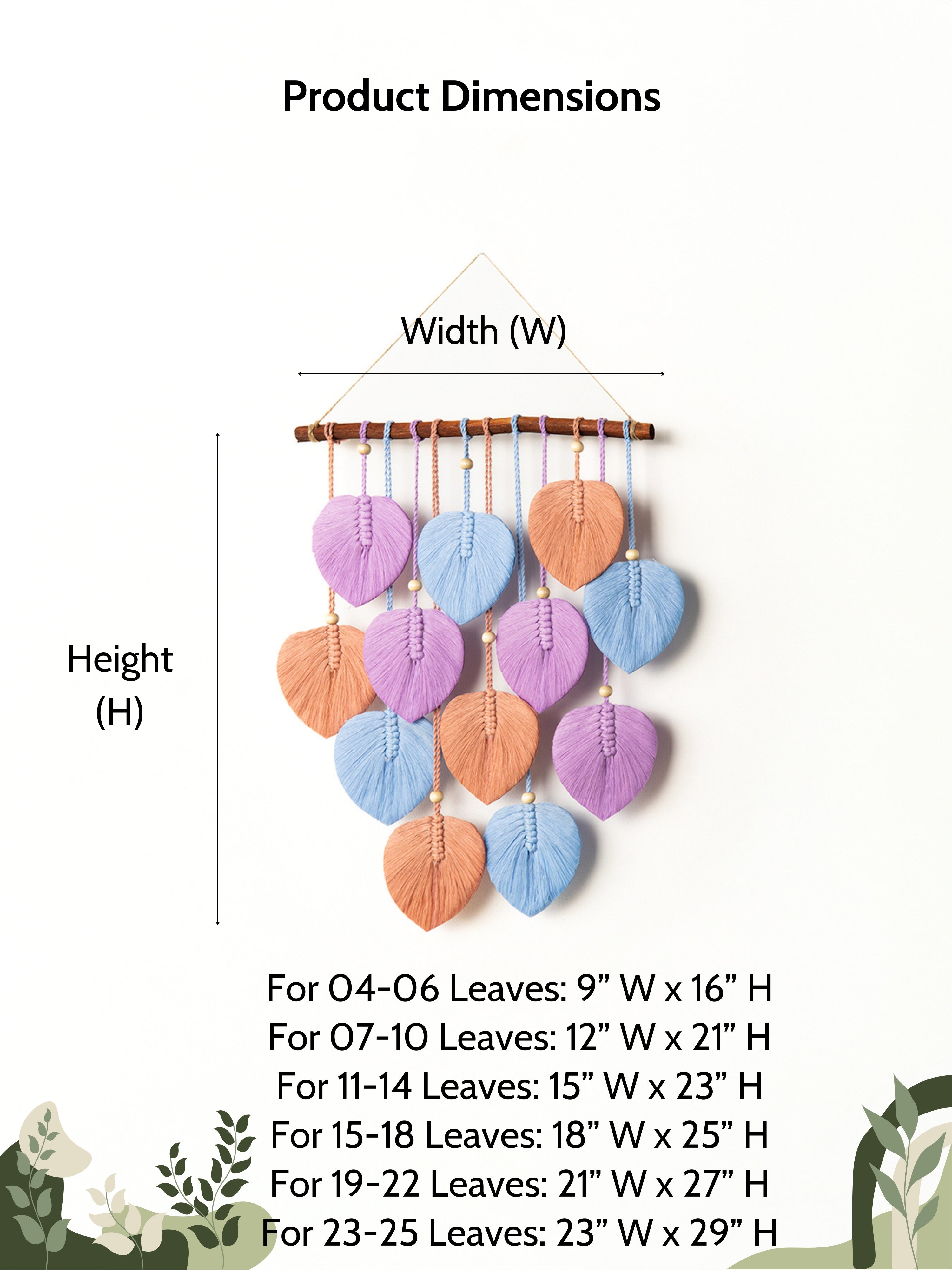 Colorful leaf-shaped hanging decor with dimensions on a white background