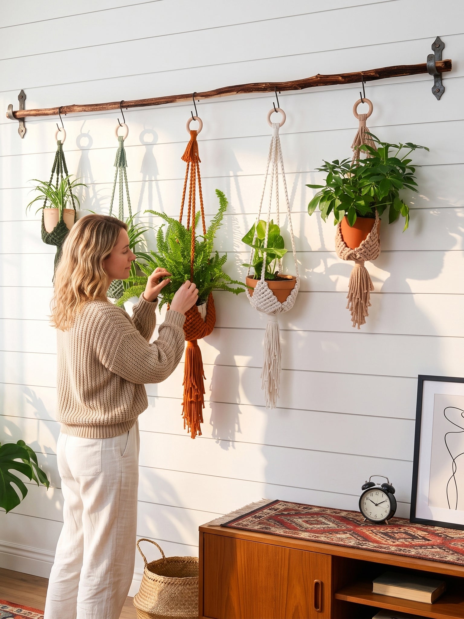 A woman in a beige sweater and white pants hangs a green fern in a terracotta pot using an orange macramé hanger, set against a white shiplap wall with other hanging plants and a wooden cabinet below.