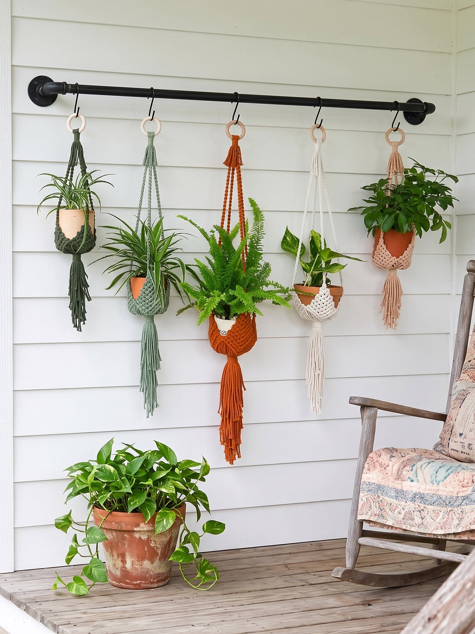 Six potted plants hanging from a black metal rod on a white shiplap wall, with one potted plant on a wooden deck in the foreground and a rocking chair partially visible on the right. The plants are styled in various macrame and woven hangers in green, rust orange, cream, and terracotta.