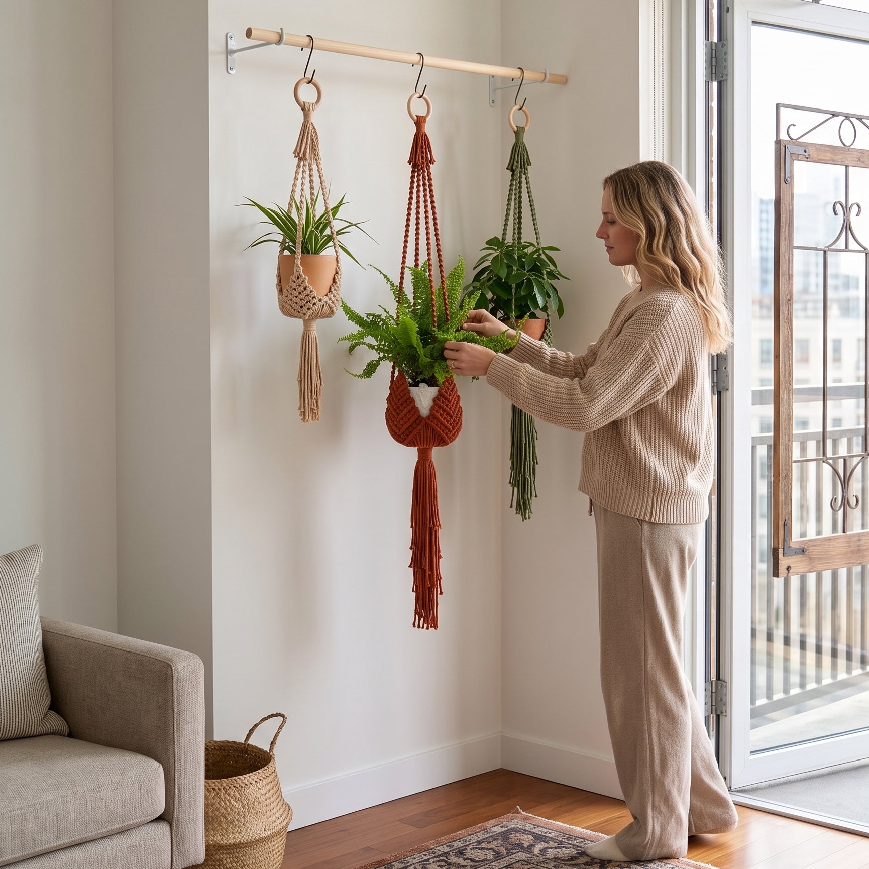 A woman in beige loungewear hangs a green potted fern in a rust-orange macrame hanger next to two other hanging plants on a light wood rod mounted on a white wall in a bright room.