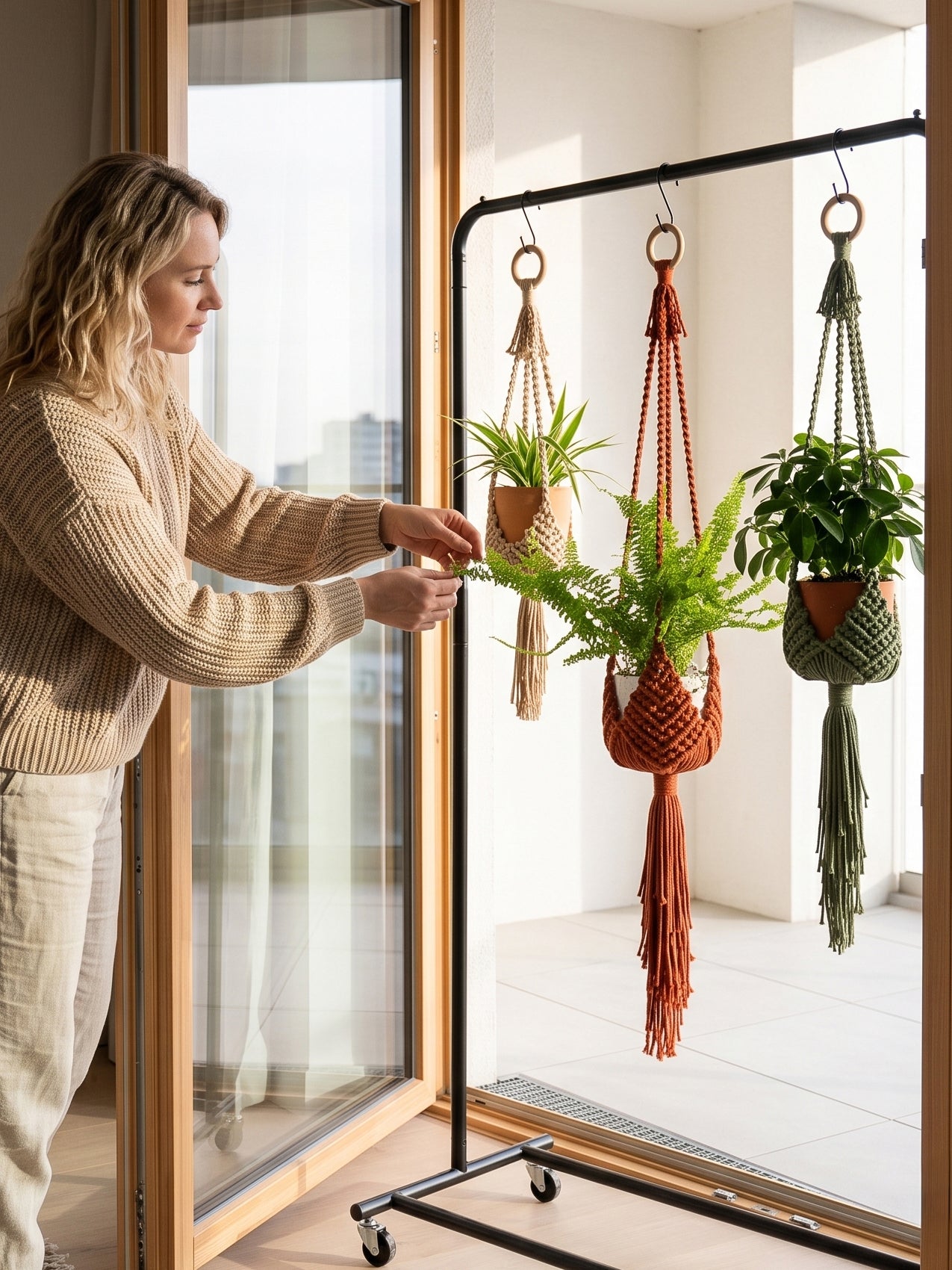 A woman in a beige knit sweater adjusts a hanging plant in an orange macrame holder on a black rolling display rack. Two other macrame plant hangers with green and brown plants are hanging on the rack in a bright room with large windows.