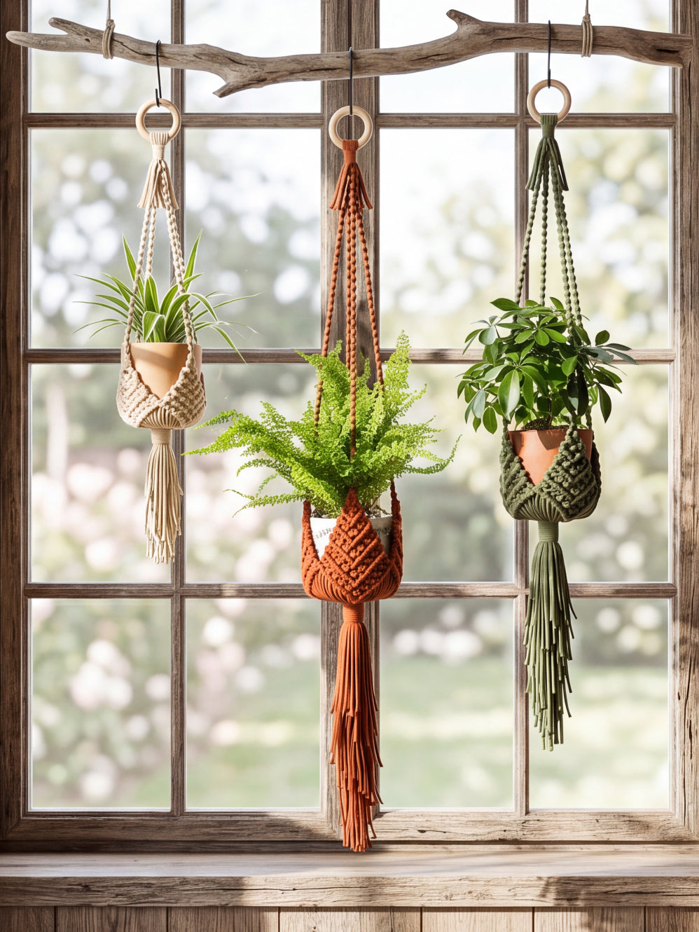 Three macrame plant hangers in beige, terracotta, and olive green hang from a rustic wooden branch in front of a large window. Each hanger holds a small potted green plant in a terracotta pot.