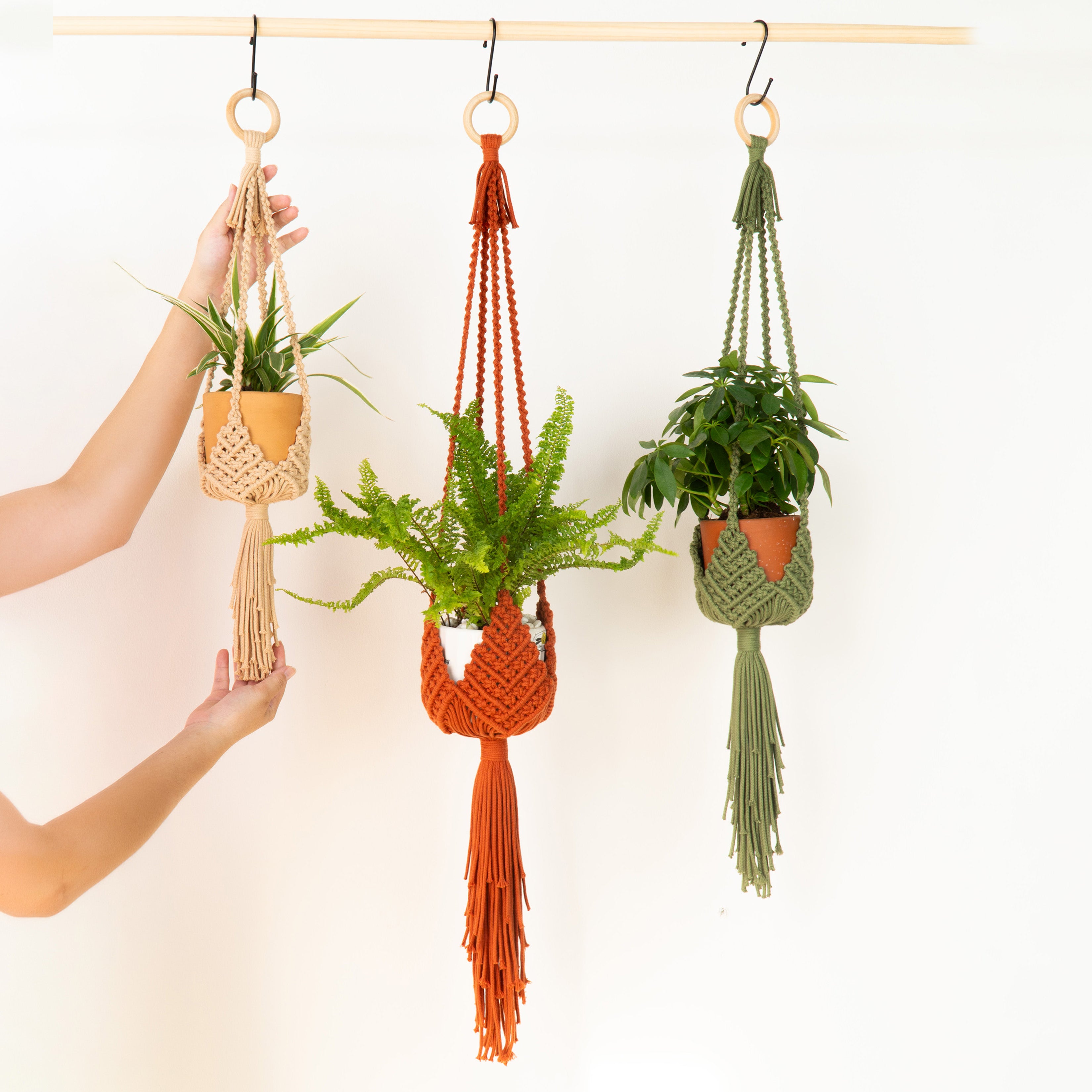 Three woven macrame plant hangers in natural beige, burnt orange, and sage green, each holding a small potted plant and hanging from a wooden rod. A person's hands are visible on the left adjusting the beige hanger.