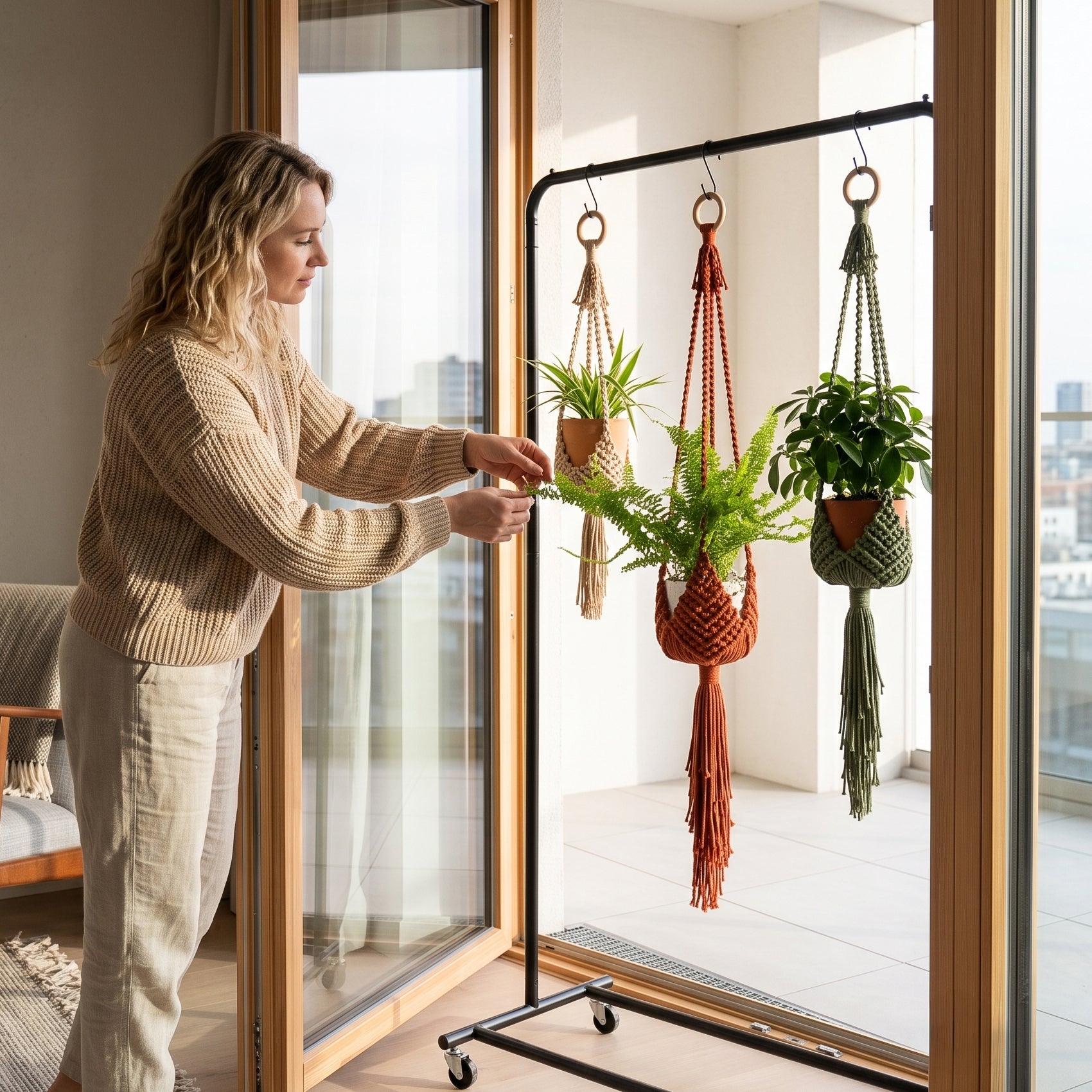 A woman in a beige sweater adjusts a black rolling plant hanger stand with three hanging macrame plant holders and potted plants, set in a bright room with large windows overlooking a city view.