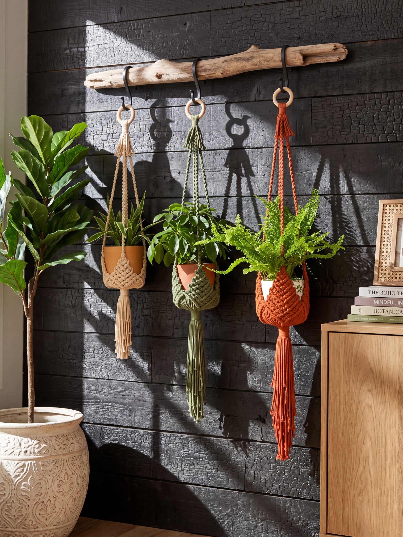 Three macrame plant hangers in beige, olive green, and rust orange hang from a driftwood branch mounted on a dark charcoal wood-paneled wall. Each hanger holds a terracotta pot with a green plant.