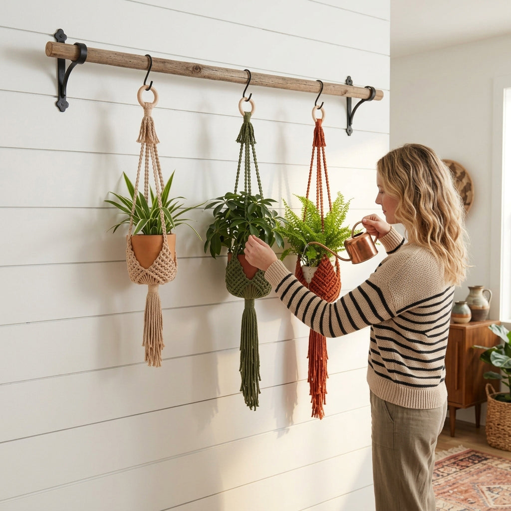 A woman in a striped sweater hangs a copper mug while adjusting one of three macrame plant hangers on a rustic wooden wall rod. The hangers, in beige, olive green, and rust orange, suspend potted plants against a white shiplap wall.