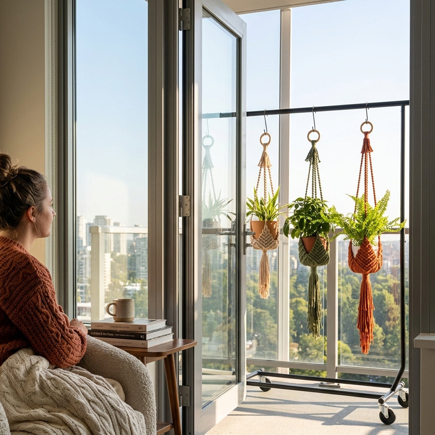 A woman sits by large floor-to-ceiling windows, looking out over a city skyline while a black rolling window plant hanger with three hanging green plants stands beside the glass door.