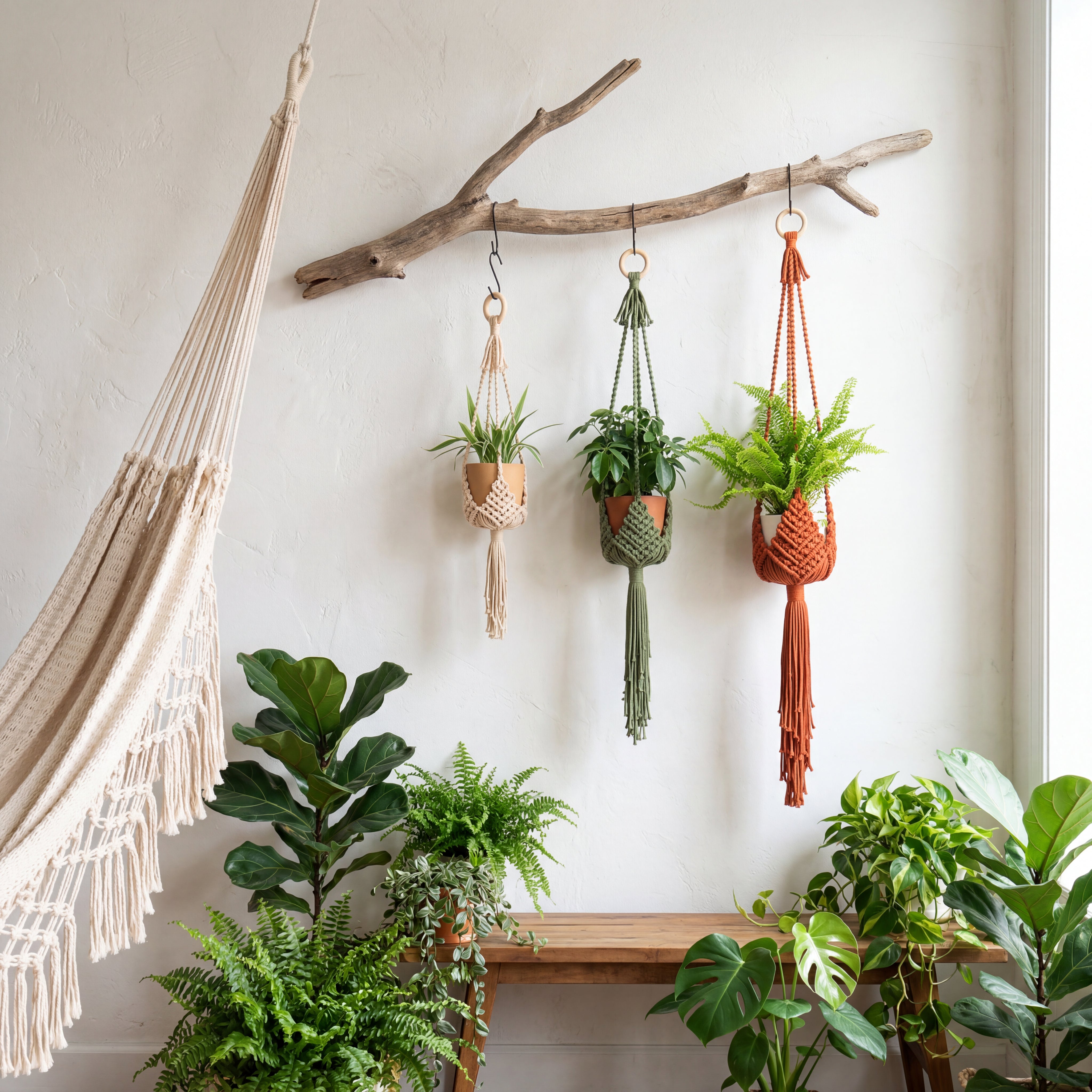 Three macrame plant hangers in cream, olive green, and terracotta holding small potted plants, suspended from a natural wood branch mounted on a white wall. A cream woven hammock hangs on the left, with green houseplants and a wooden bench below.