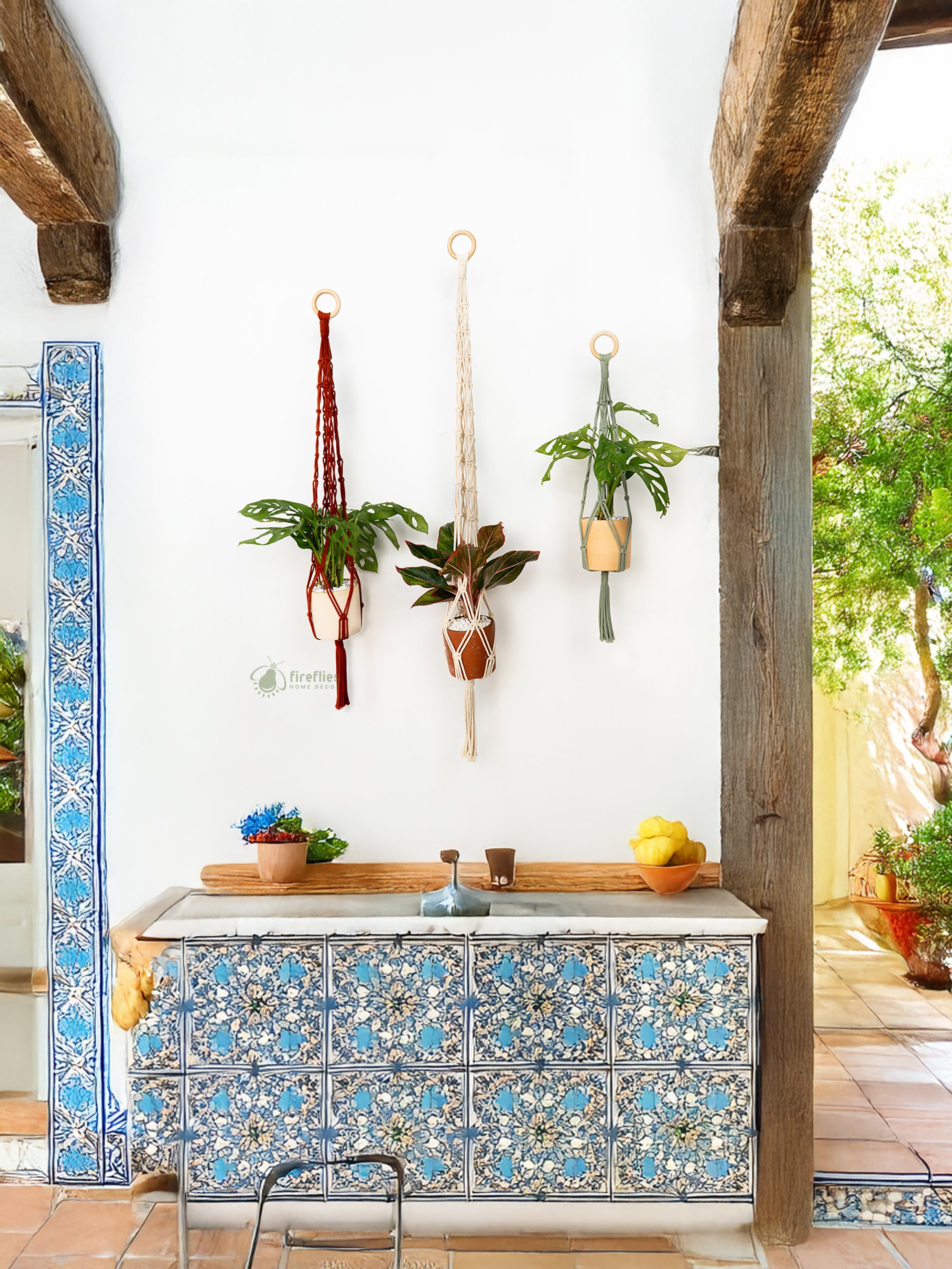 Decorative tiled cabinet with floral patterns in a rustic kitchen setting.