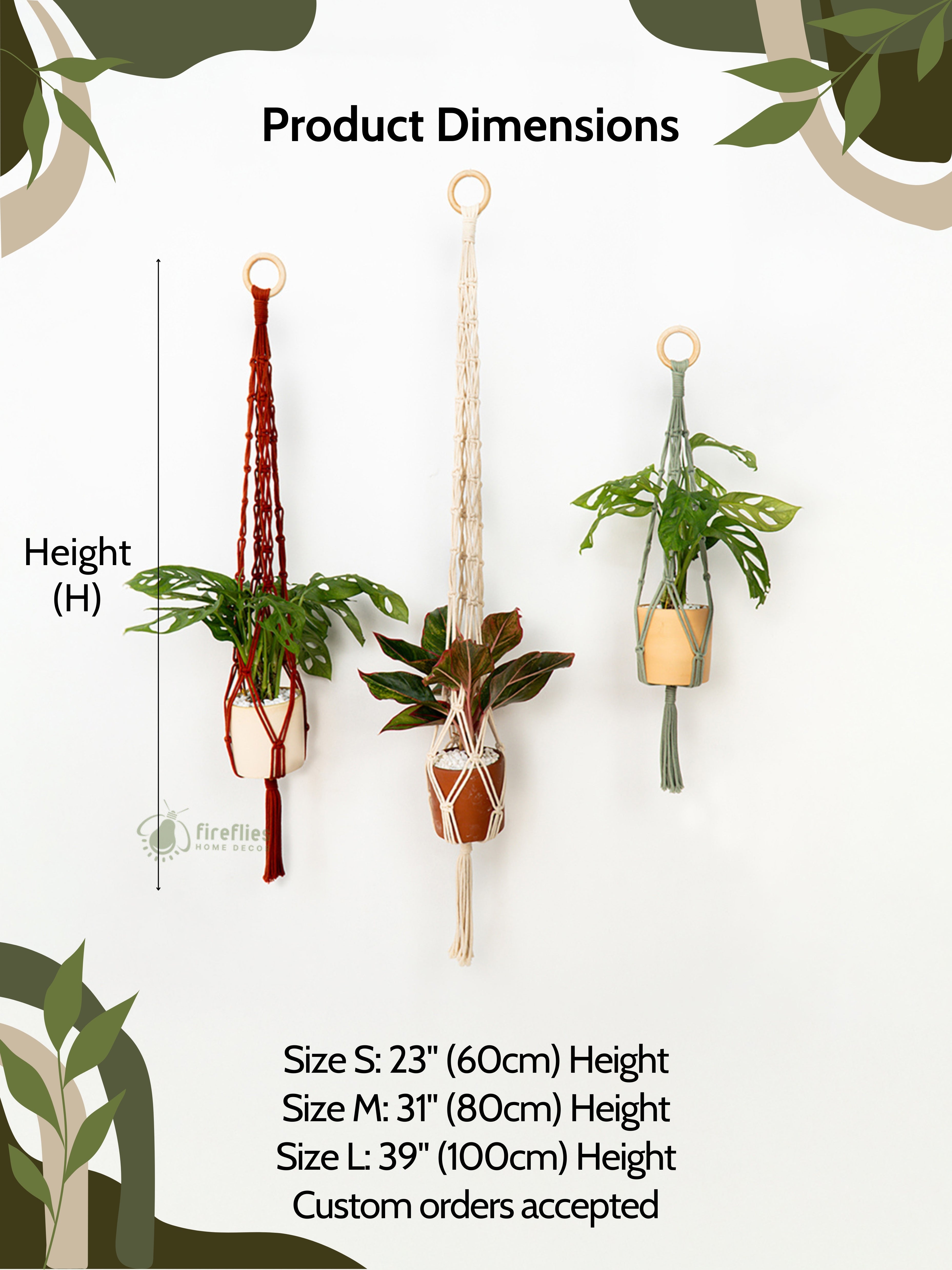 Hanging plant holders with dimensions labeled on a white background