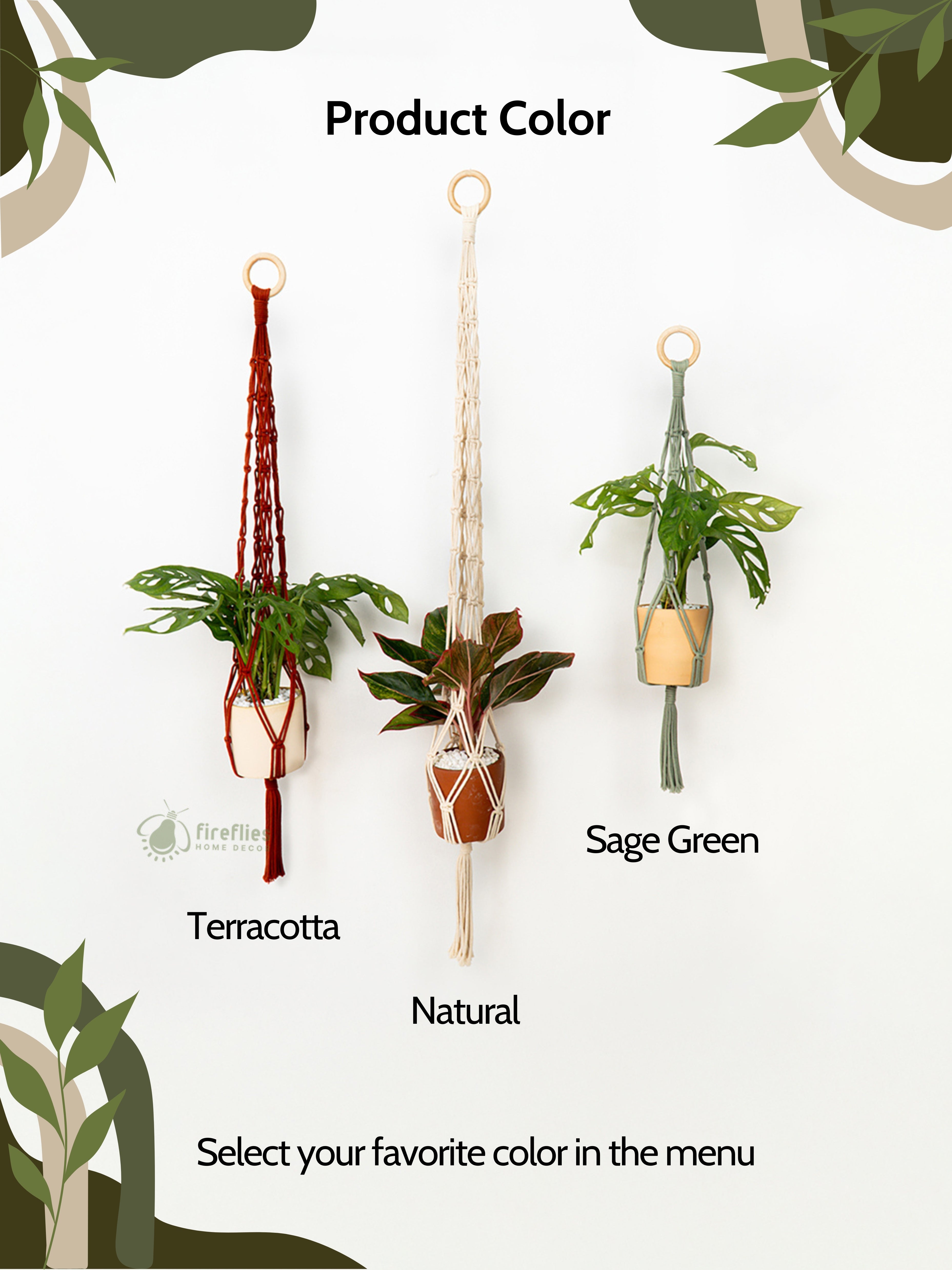 Hanging plant holders in Terracotta, Sage Green, and Natural colors with plants inside on a white background.