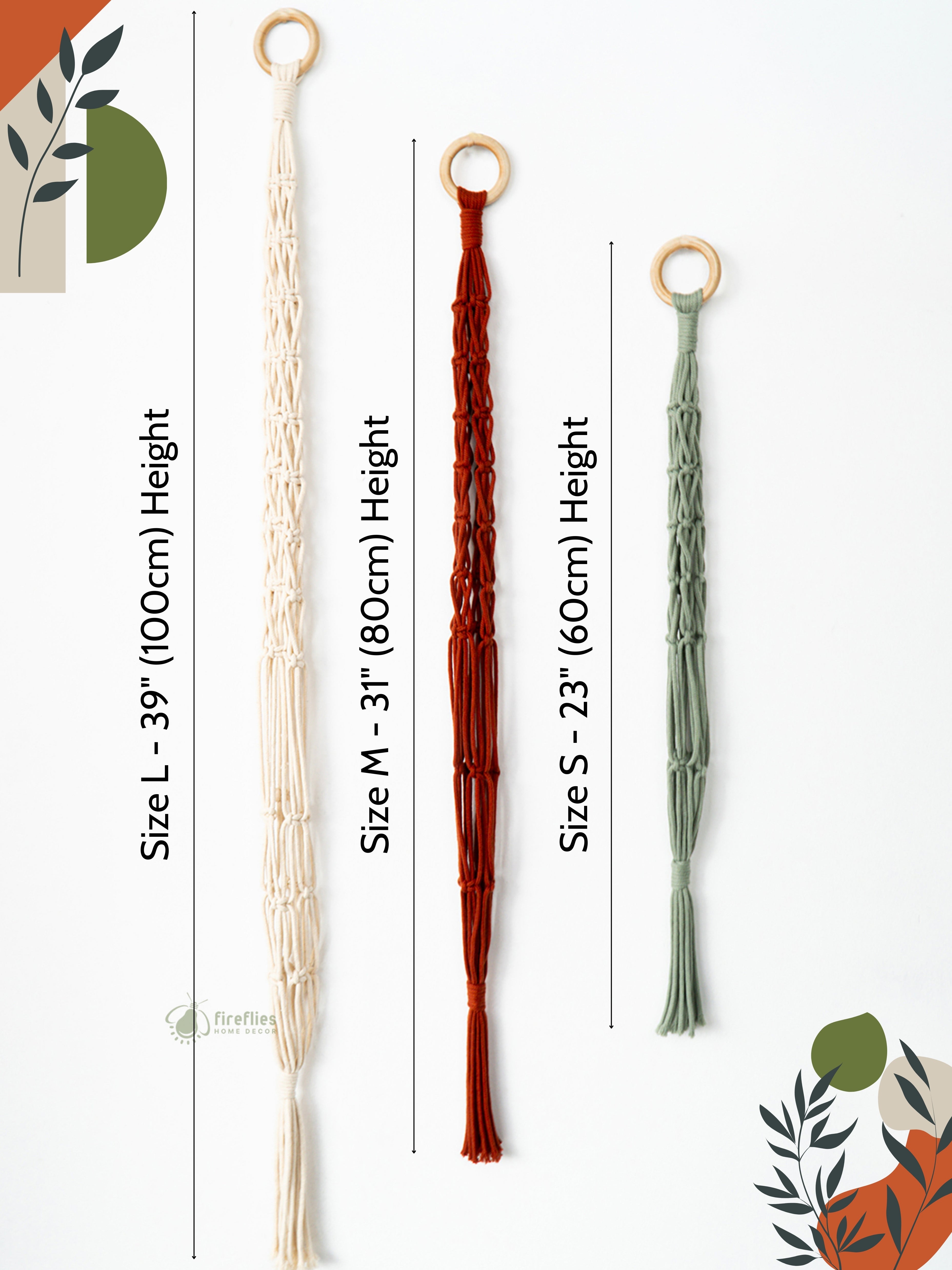 Three decorative hanging plant holders of different sizes with measurements on a white background.