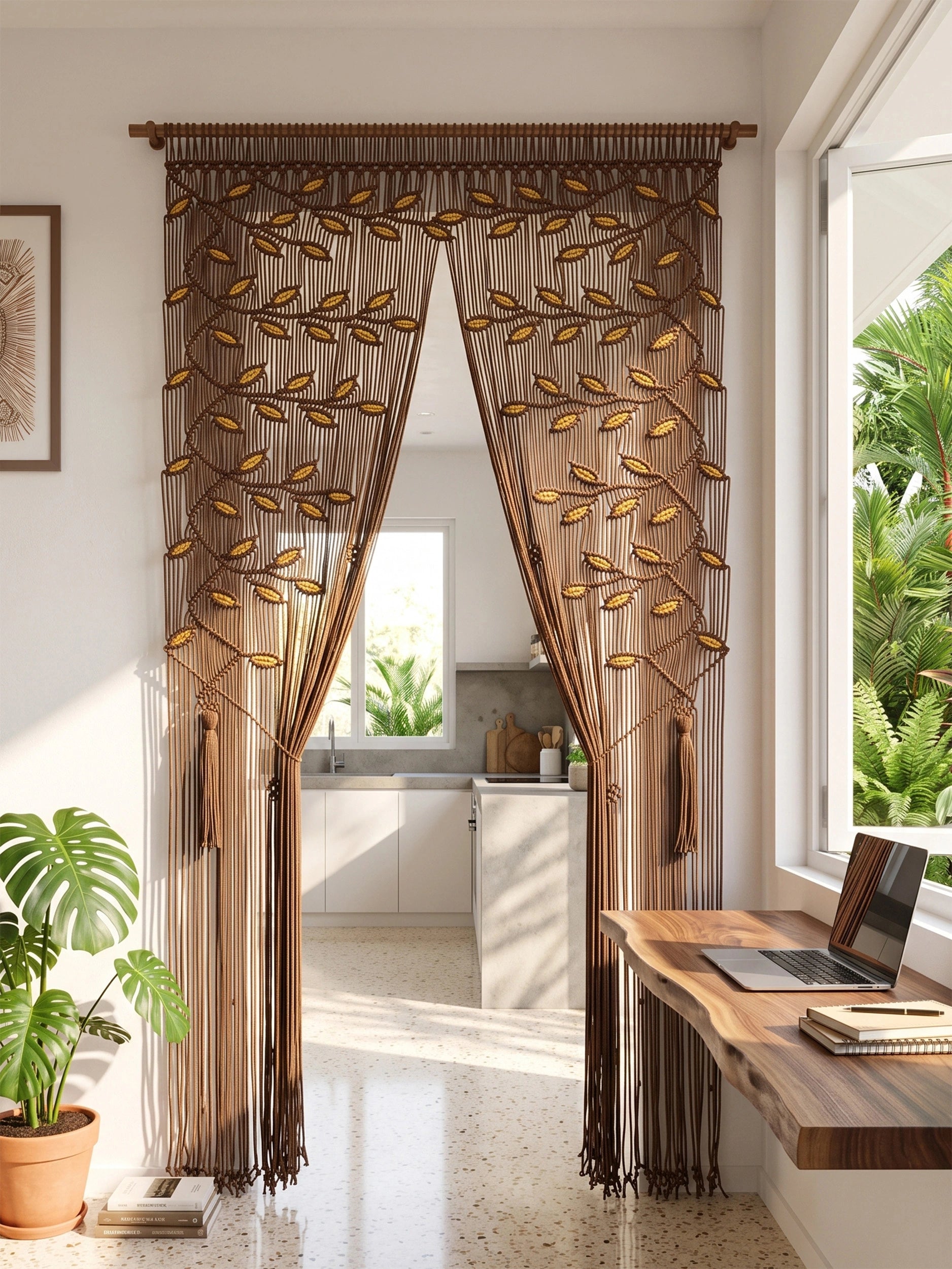 A brown sheer curtain panel with embroidered tree branches and gold leaves, hanging in a doorway inside a bright modern room with a desk, laptop, and potted plant.