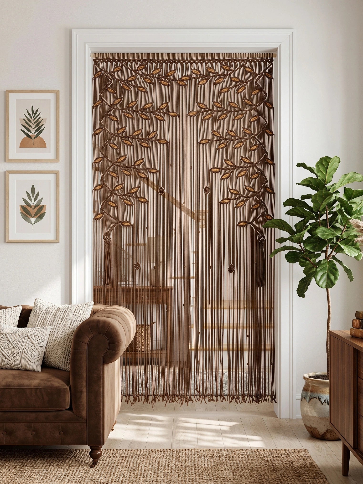 A brown sheer string door curtain with embroidered leafy branches, hanging in a doorway in a styled living room setting.