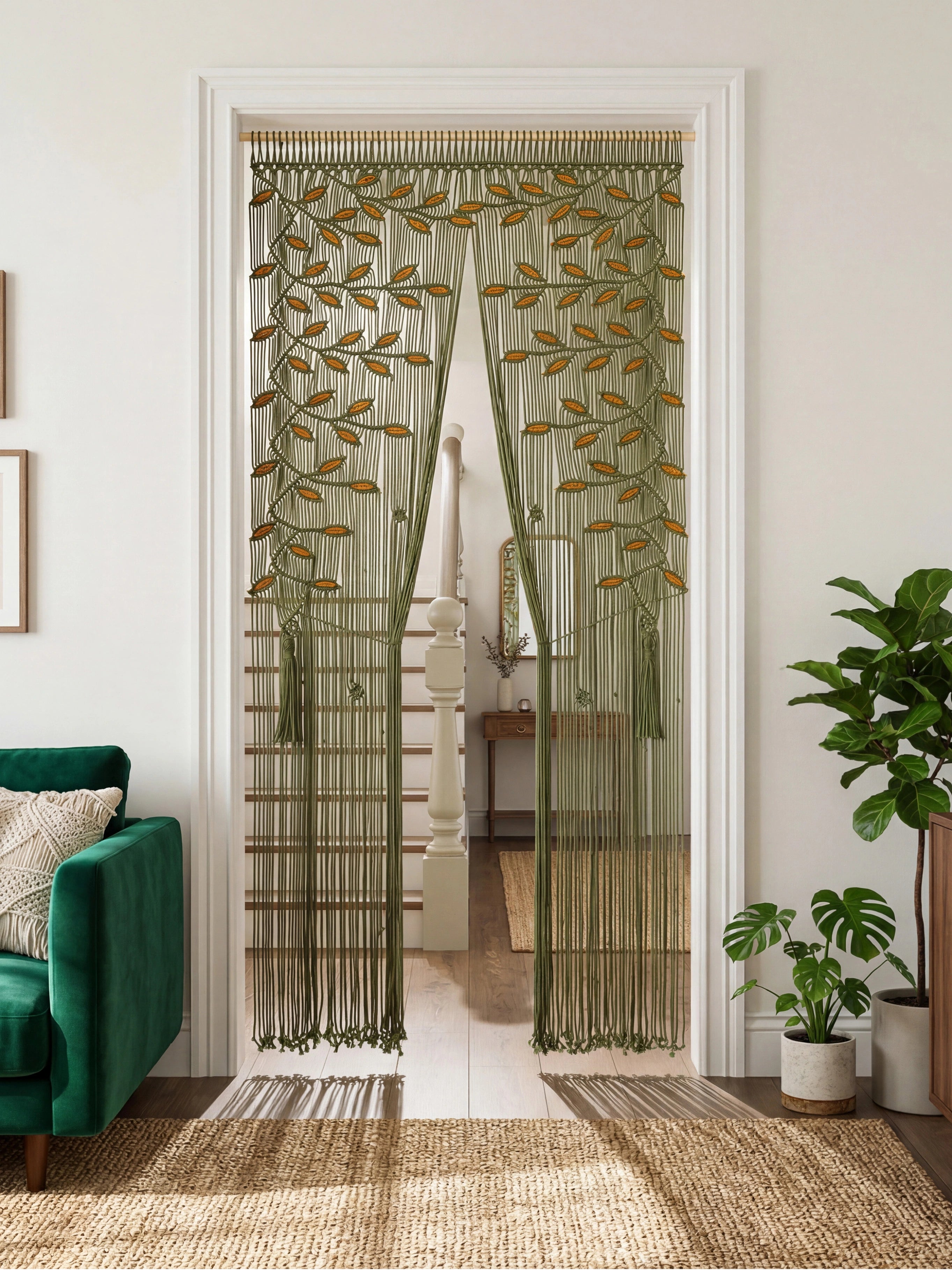 A brown sheer curtain panel with embroidered tree branches and gold leaves, hanging in a doorway inside a bright modern room with a desk, laptop, and potted plant.