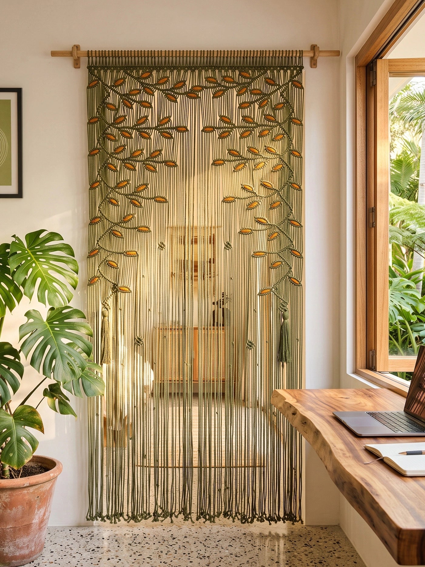 A brown sheer string door curtain with embroidered leafy branches, hanging in a doorway in a styled living room setting.