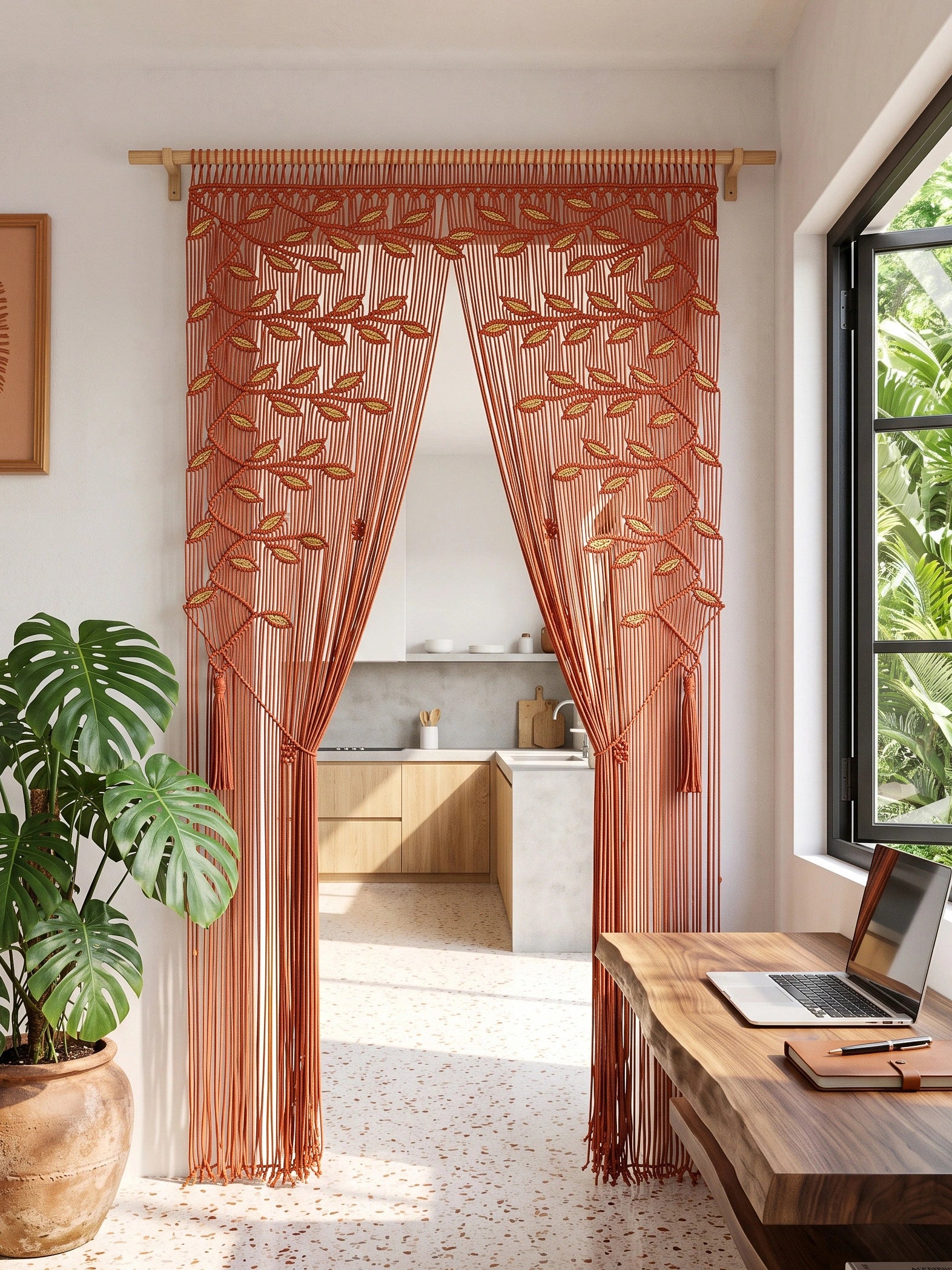 A brown sheer curtain panel with embroidered tree branches and gold leaves, hanging in a doorway inside a bright modern room with a desk, laptop, and potted plant.