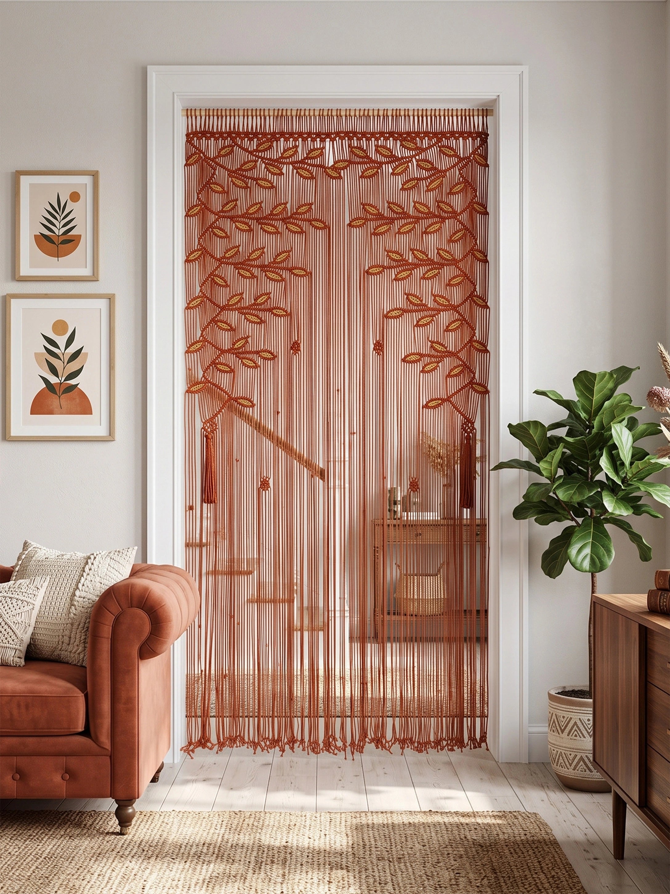 A brown sheer string door curtain with embroidered leafy branches, hanging in a doorway in a styled living room setting.