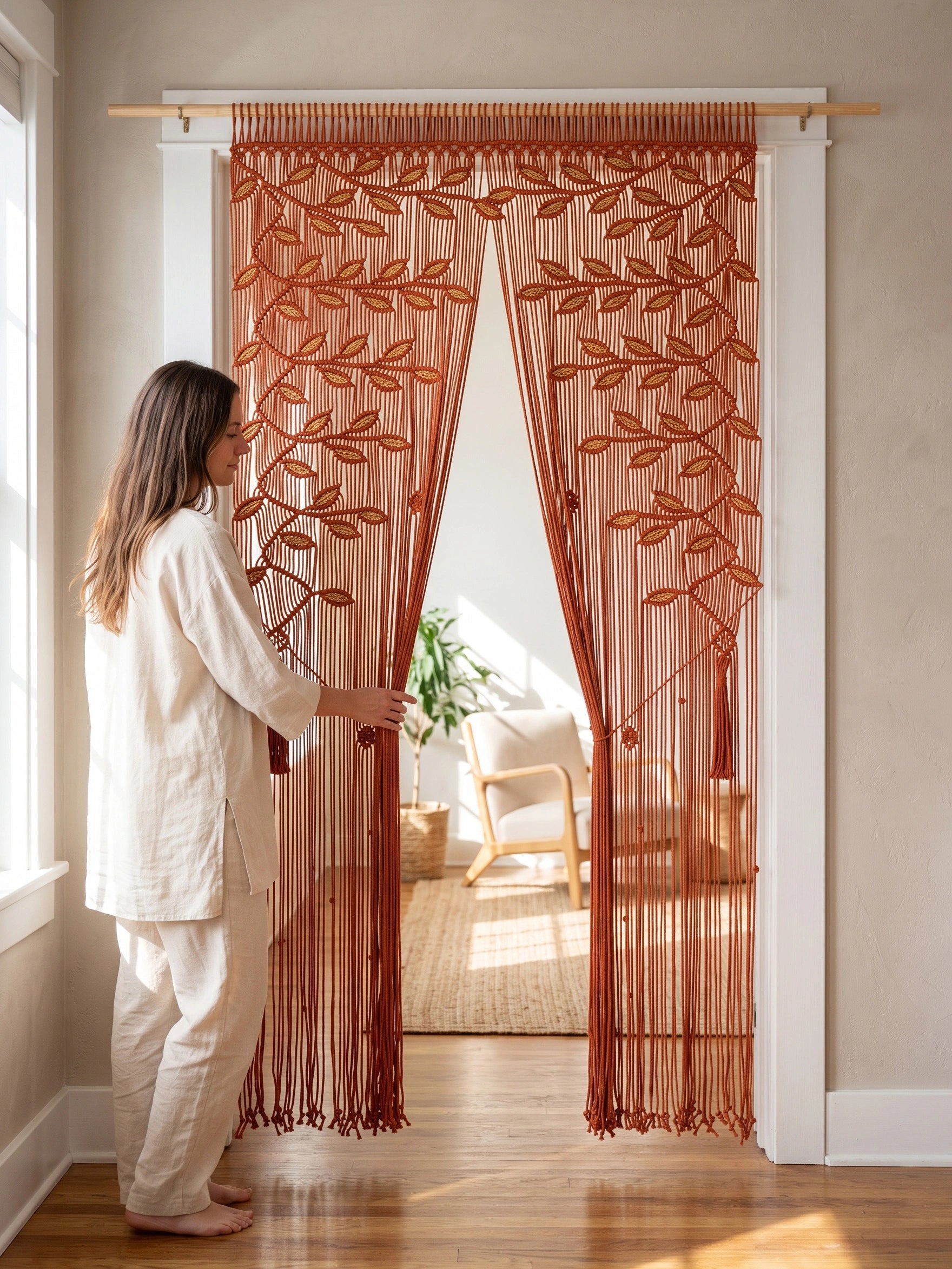 A woman in cream pajamas stands in a doorway wearing a brown beaded curtain with embroidered leaf patterns, holding the sides open to reveal a hallway beyond.