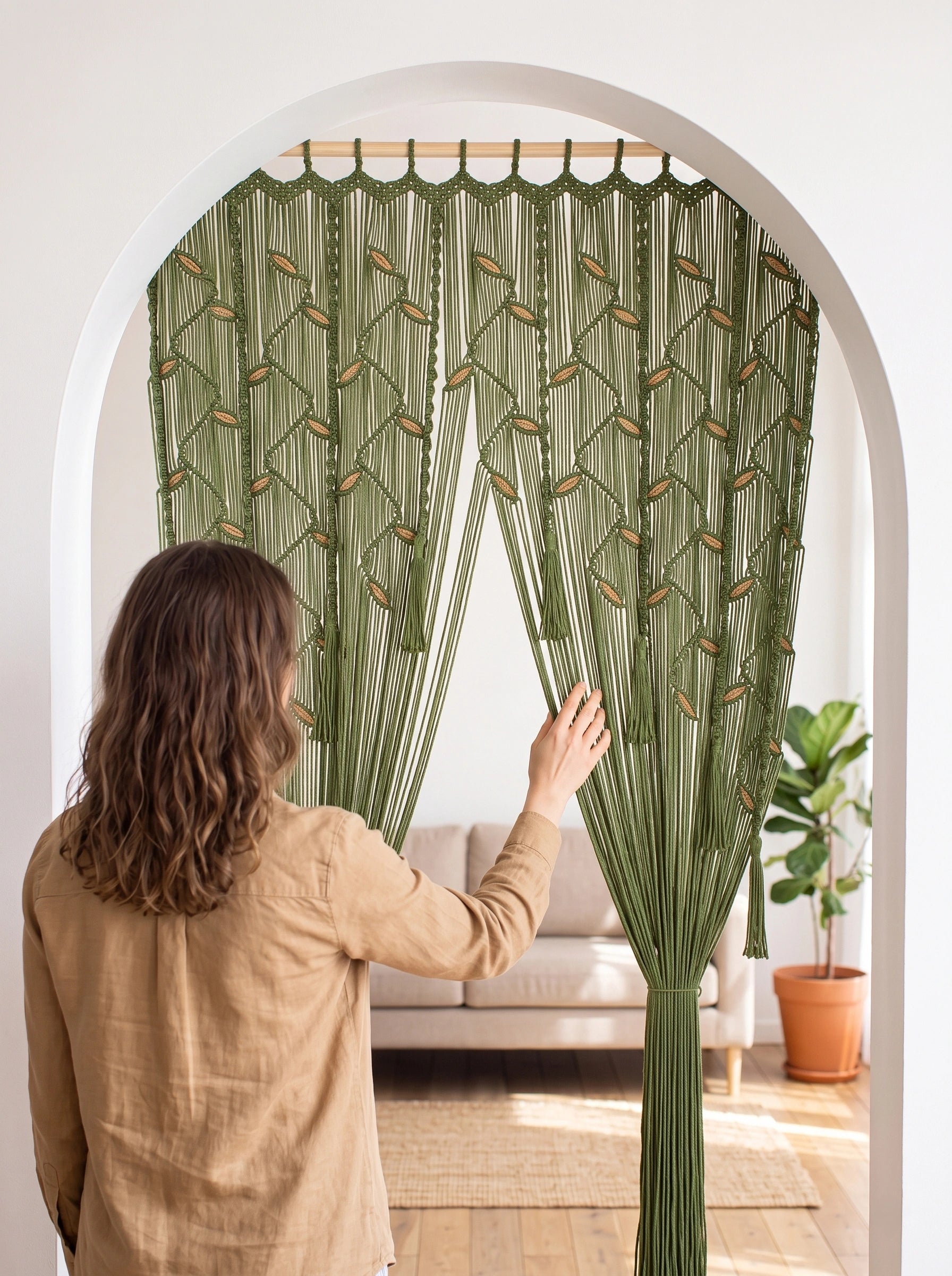 Large Dark Green Macrame Doorway Curtain with Yellow Leaf Accents, Forest Green Room Divider, Boho Door Hanging Tapestry