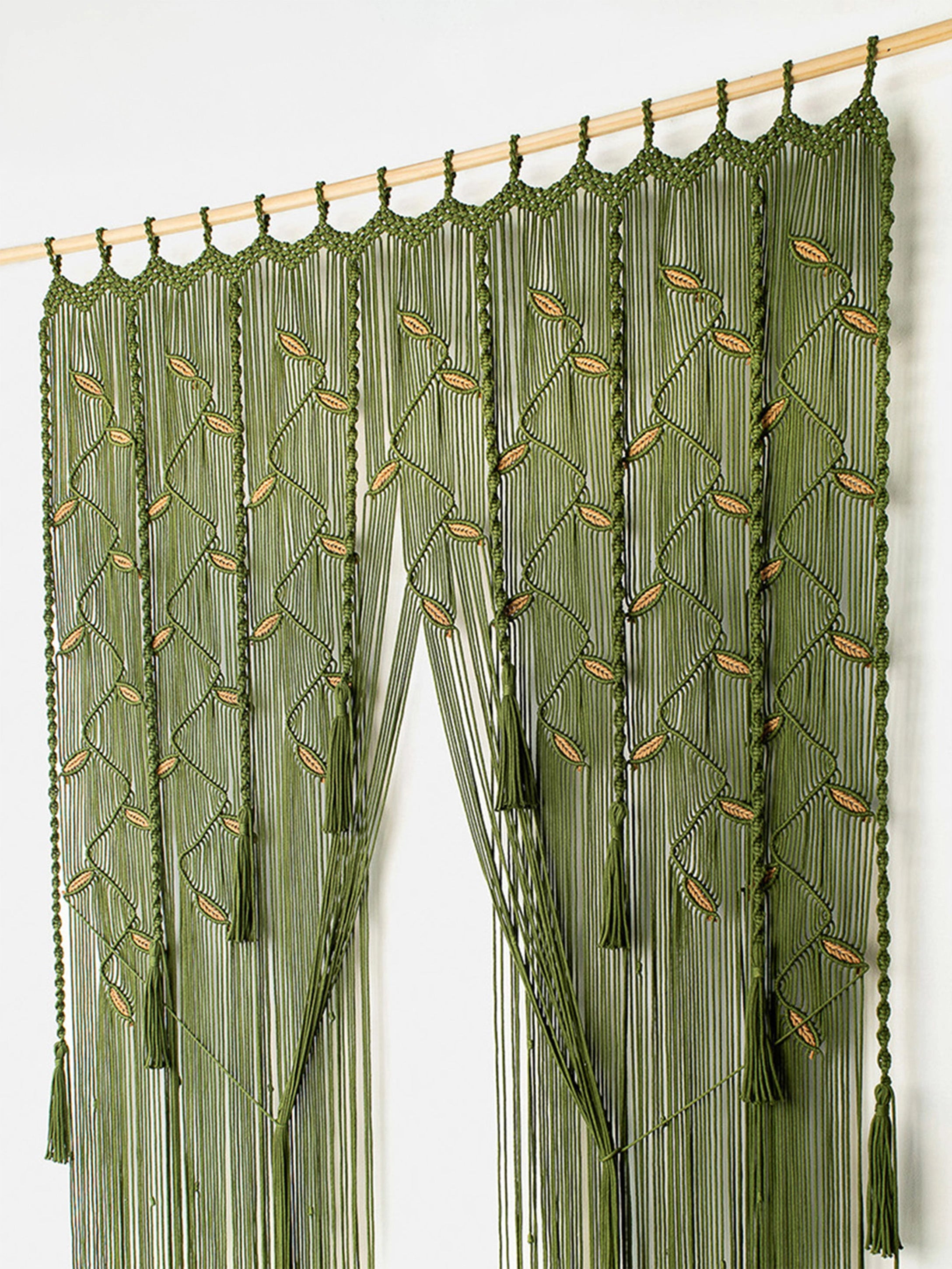 Boho Macrame Doorway Tapestry with Yellow Leaf Vines, Dark Green Fiber Art Curtain for Door, Closet Divider Hanging, Modern Boho Decor
