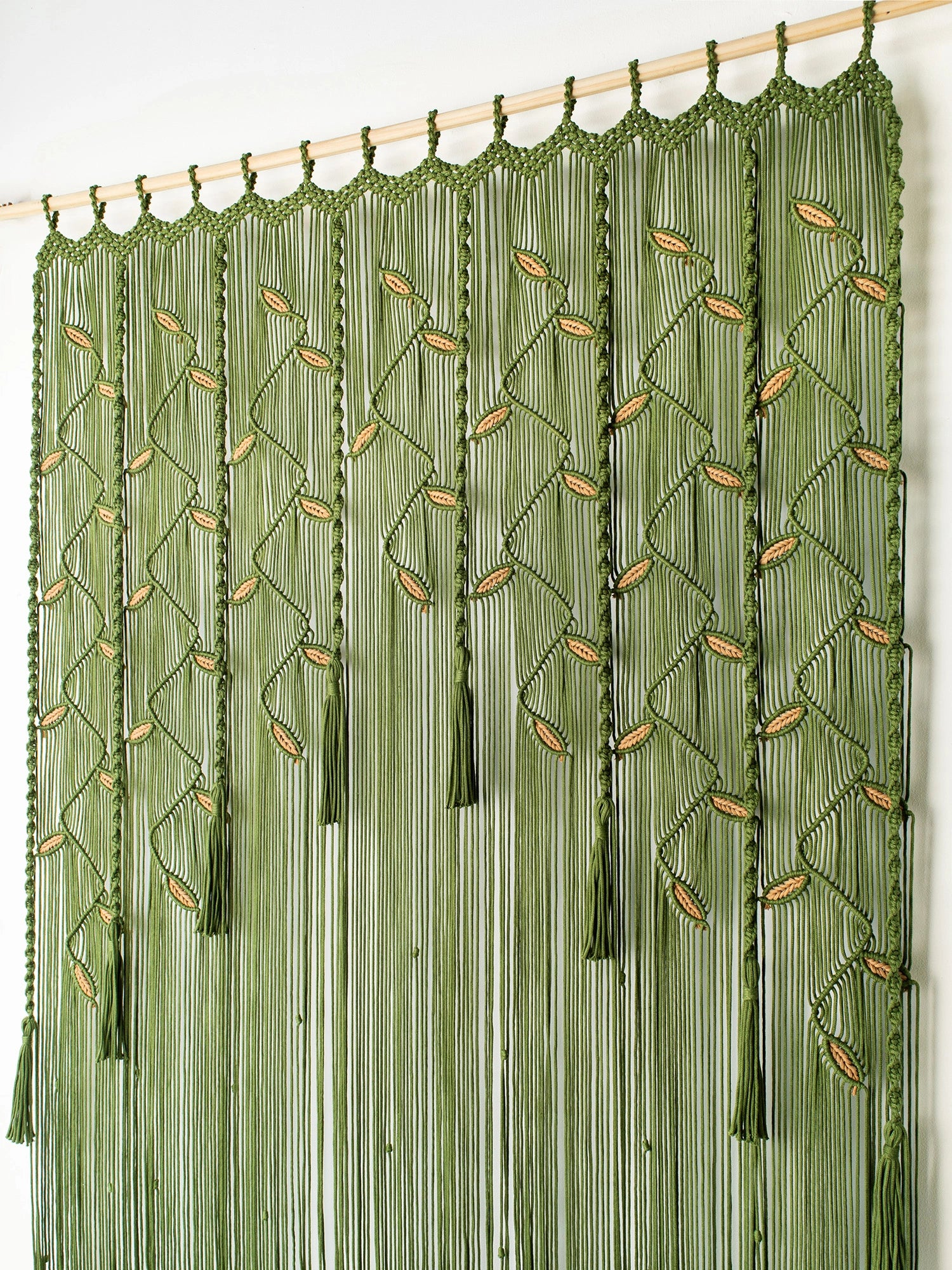 Boho Macrame Doorway Tapestry with Yellow Leaf Vines, Dark Green Fiber Art Curtain for Door, Closet Divider Hanging, Modern Boho Decor