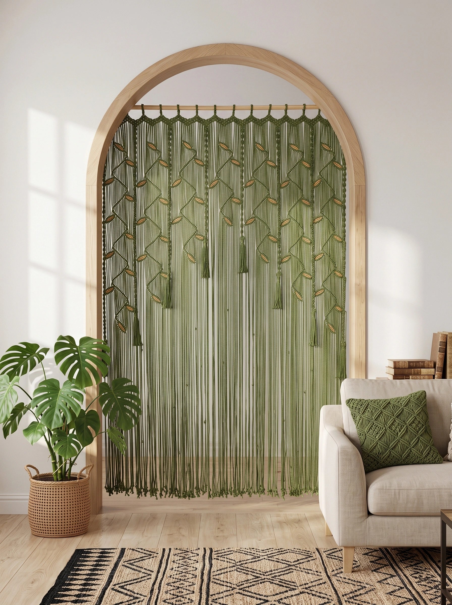 A boho-style arched doorway divider made of cream cord with woven geometric patterns and hanging leaf accents, styled in a warm, sunlit living room next to a white armchair and a potted plant.
