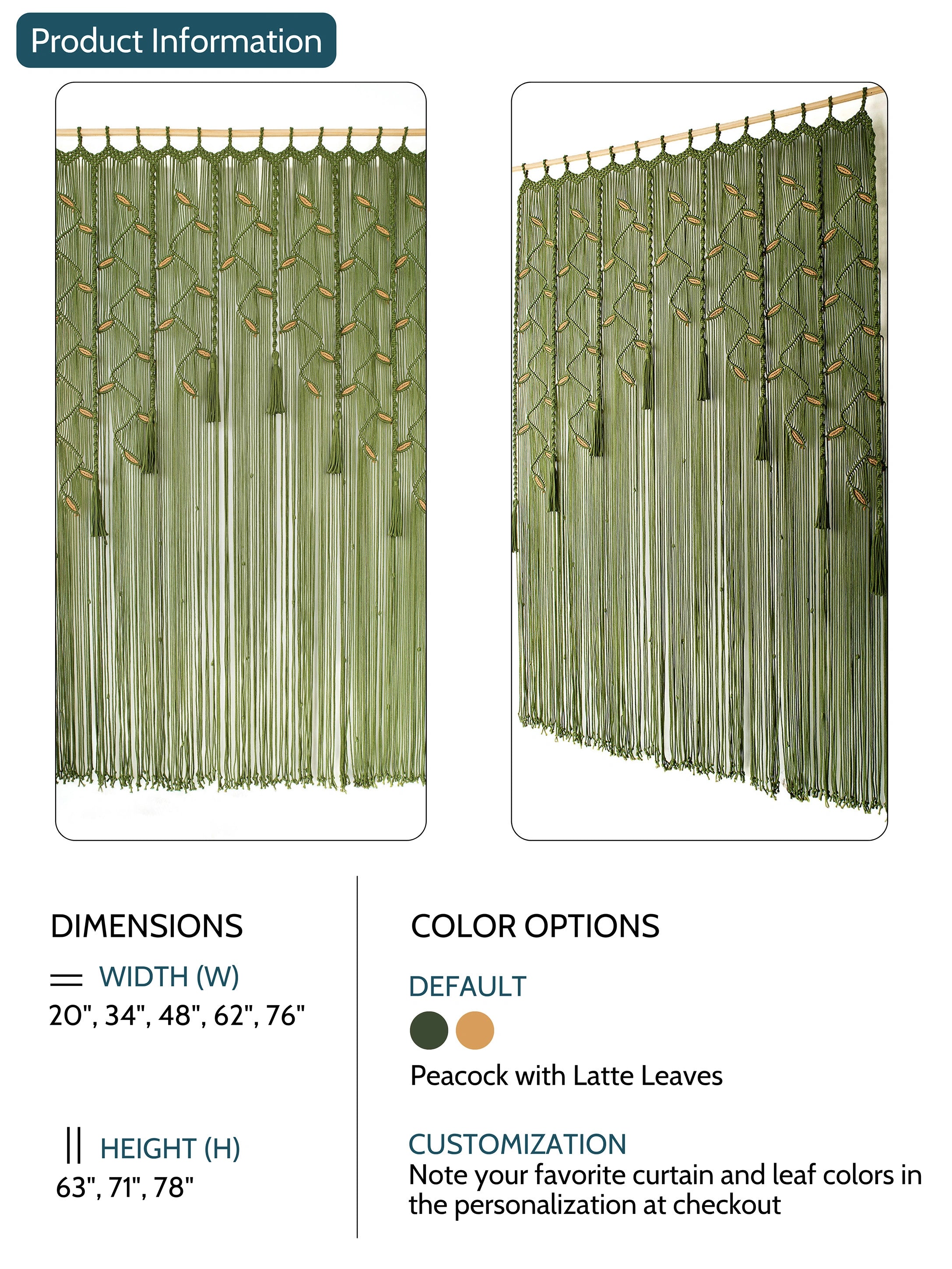 Product information graphic for a green curtain panel with leaf-patterned top section and fringe, showing two curtain renderings and text listing dimensions, color options, and customization notes.