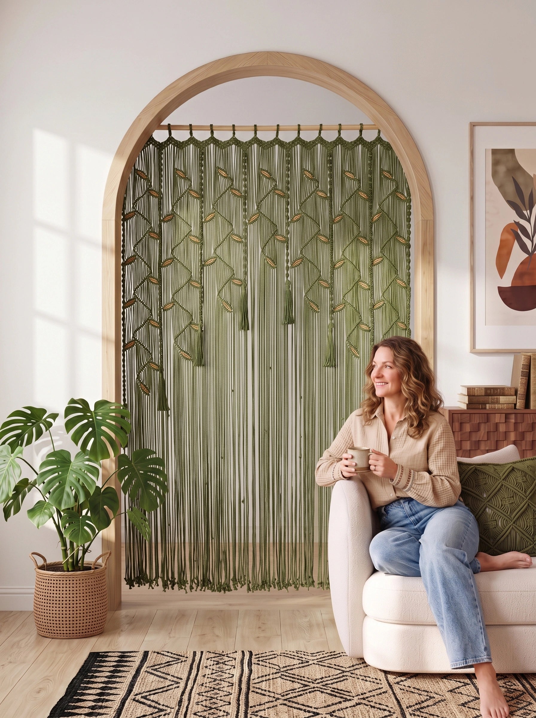 A woman sits in a cream armchair in a bright, modern living room, reading a book. To her left is a large arched wooden doorway decorated with a cream beaded curtain featuring gold-toned geometric accents.