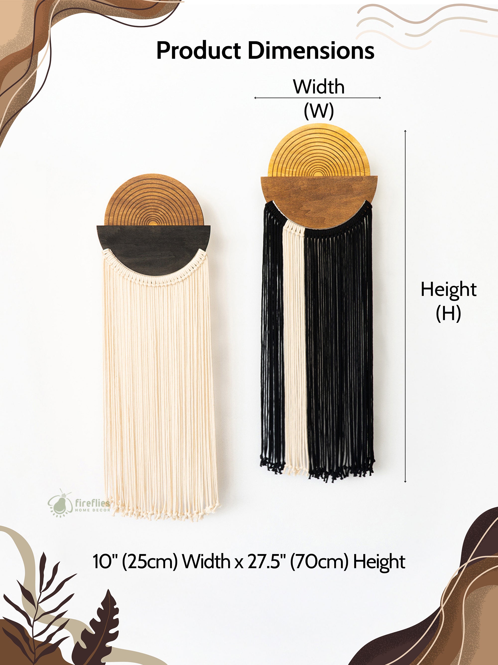 Two wall hangings with wooden circles and tassels, labeled with dimensions on a white background.