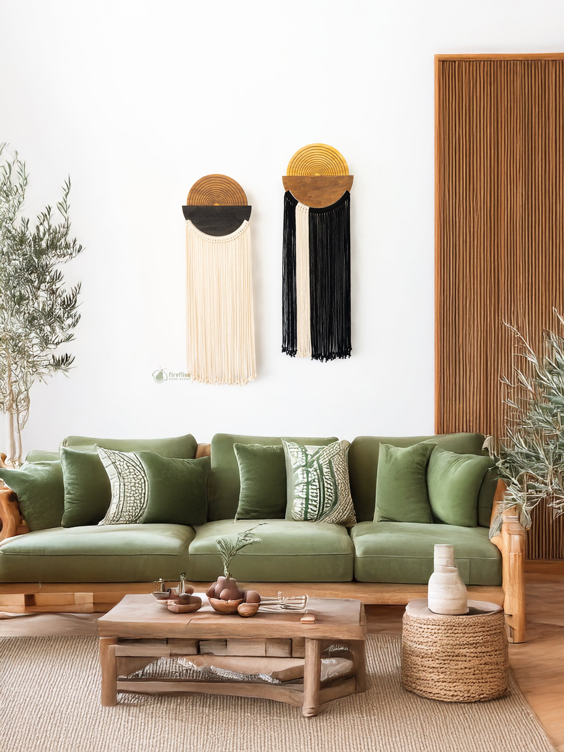 Green sofa in a living room with wooden coffee table and decorative items.