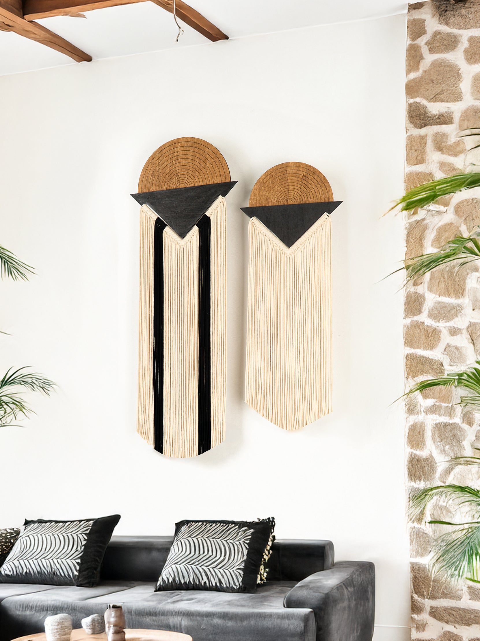 Decorative wall art with geometric design in a living room setting.