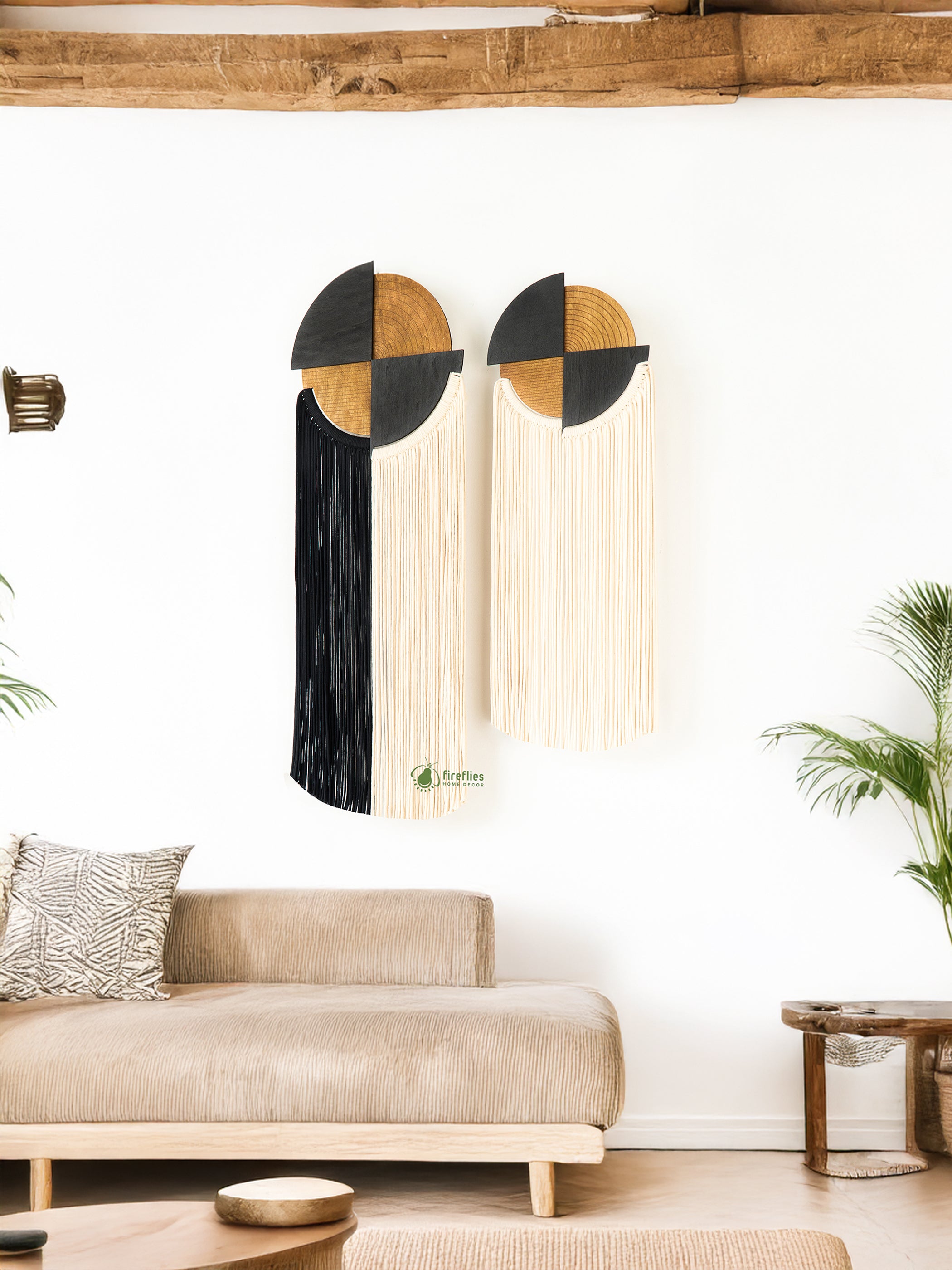 Modern living room with a decorative wall piece and a sofa.