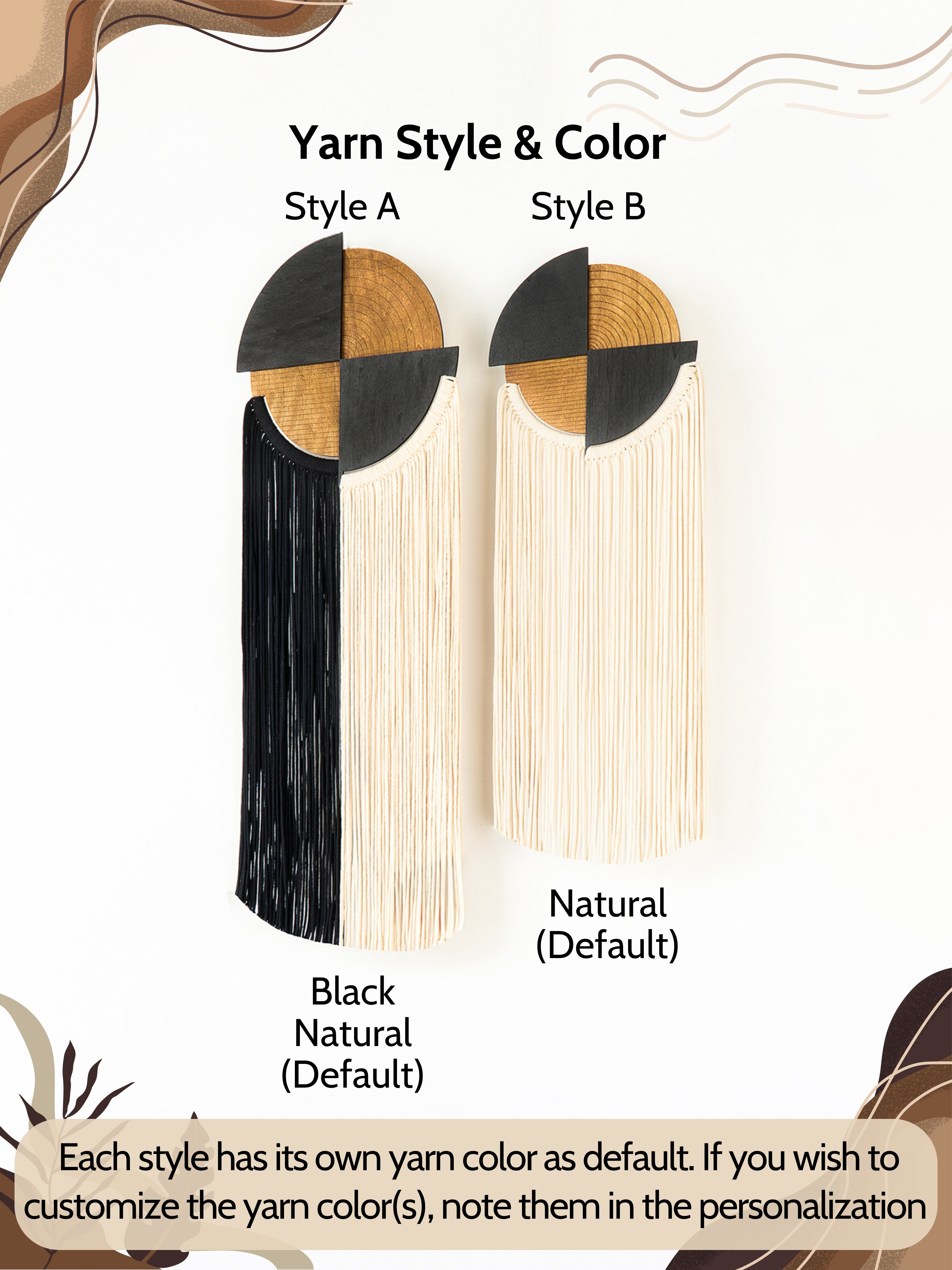 Two pairs of earrings labeled Style A and Style B with yarn color options on a white background.