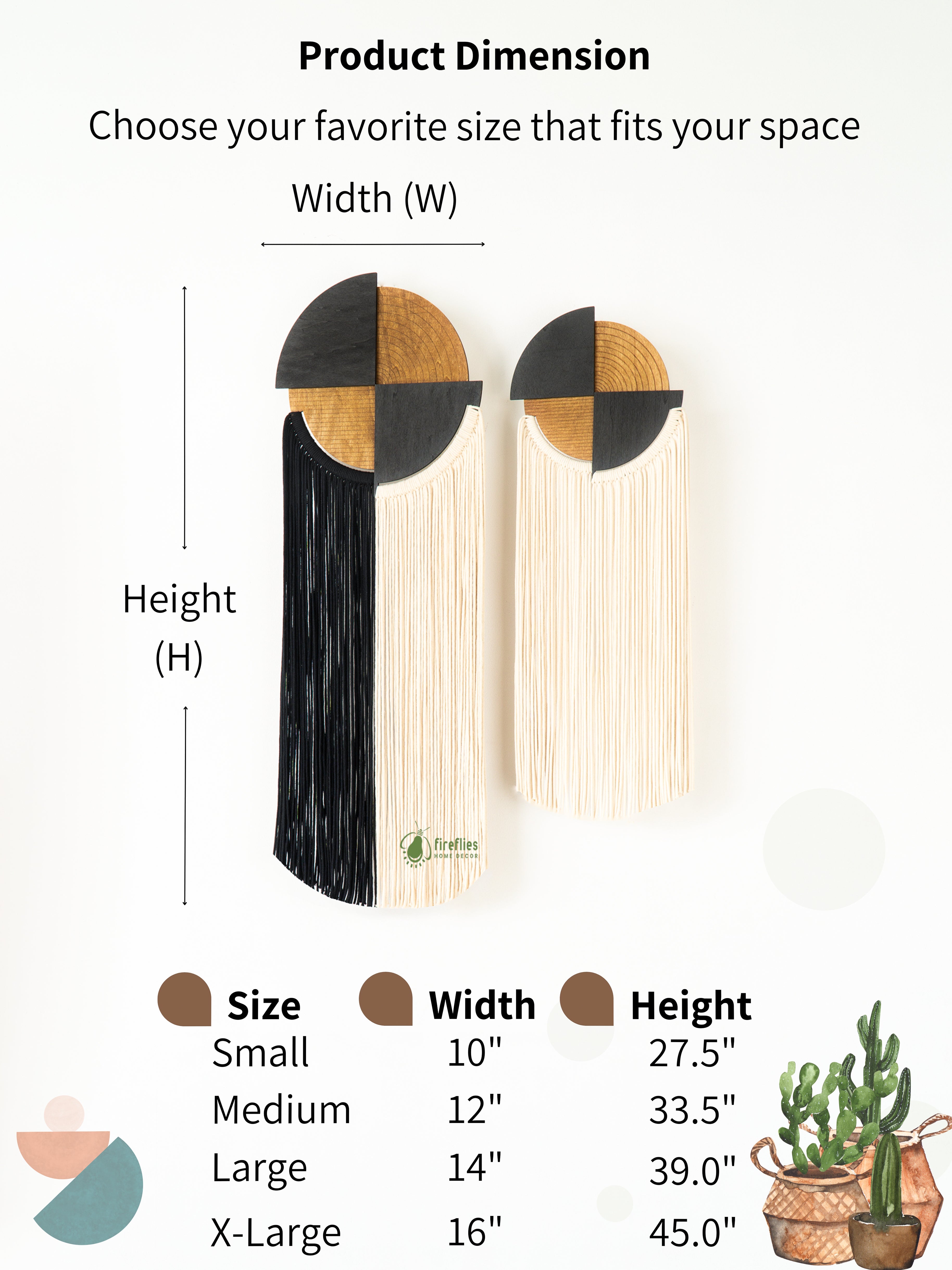 Product size chart with dimensions for different sizes on a white background
