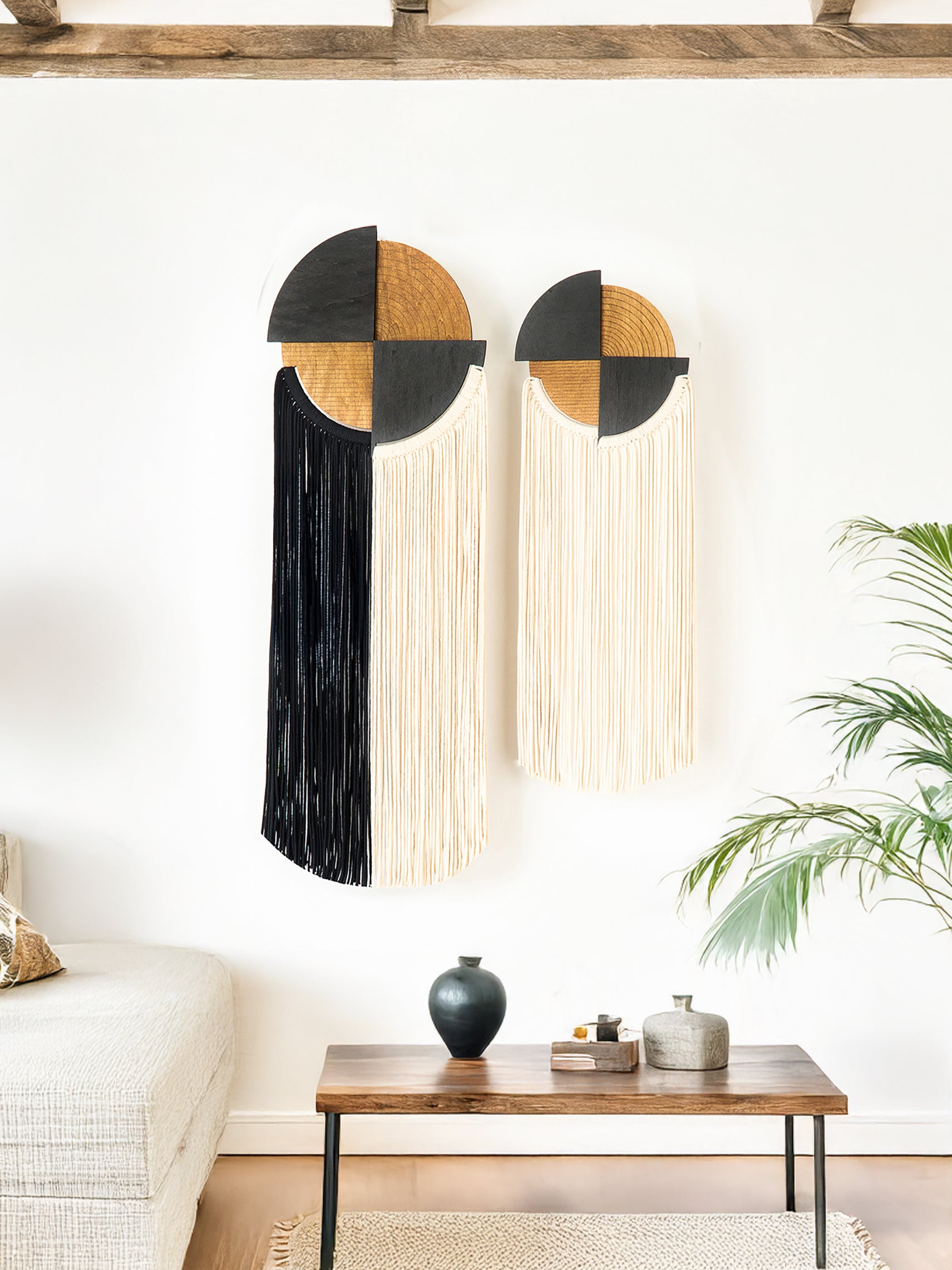 Decorative wall art with geometric design in a living room setting.