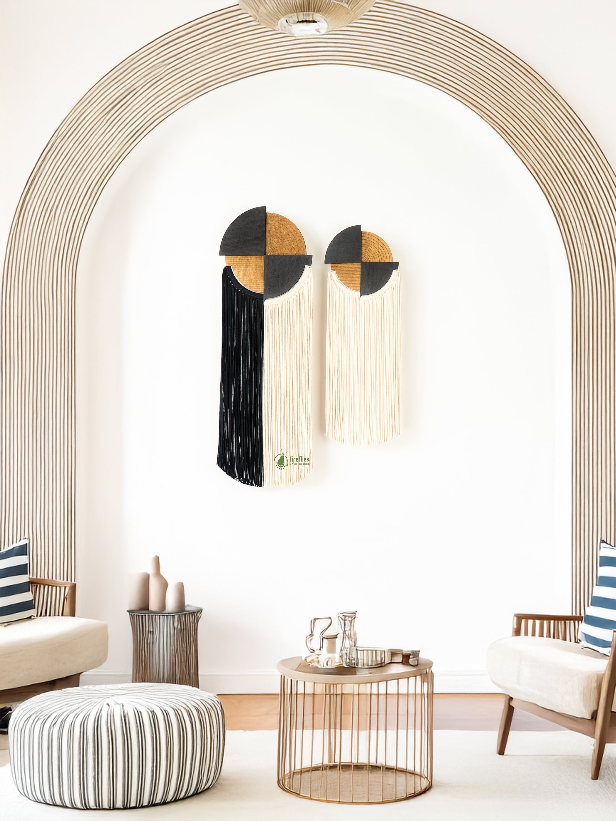 Modern interior design with a decorative wall piece, side tables, and seating.