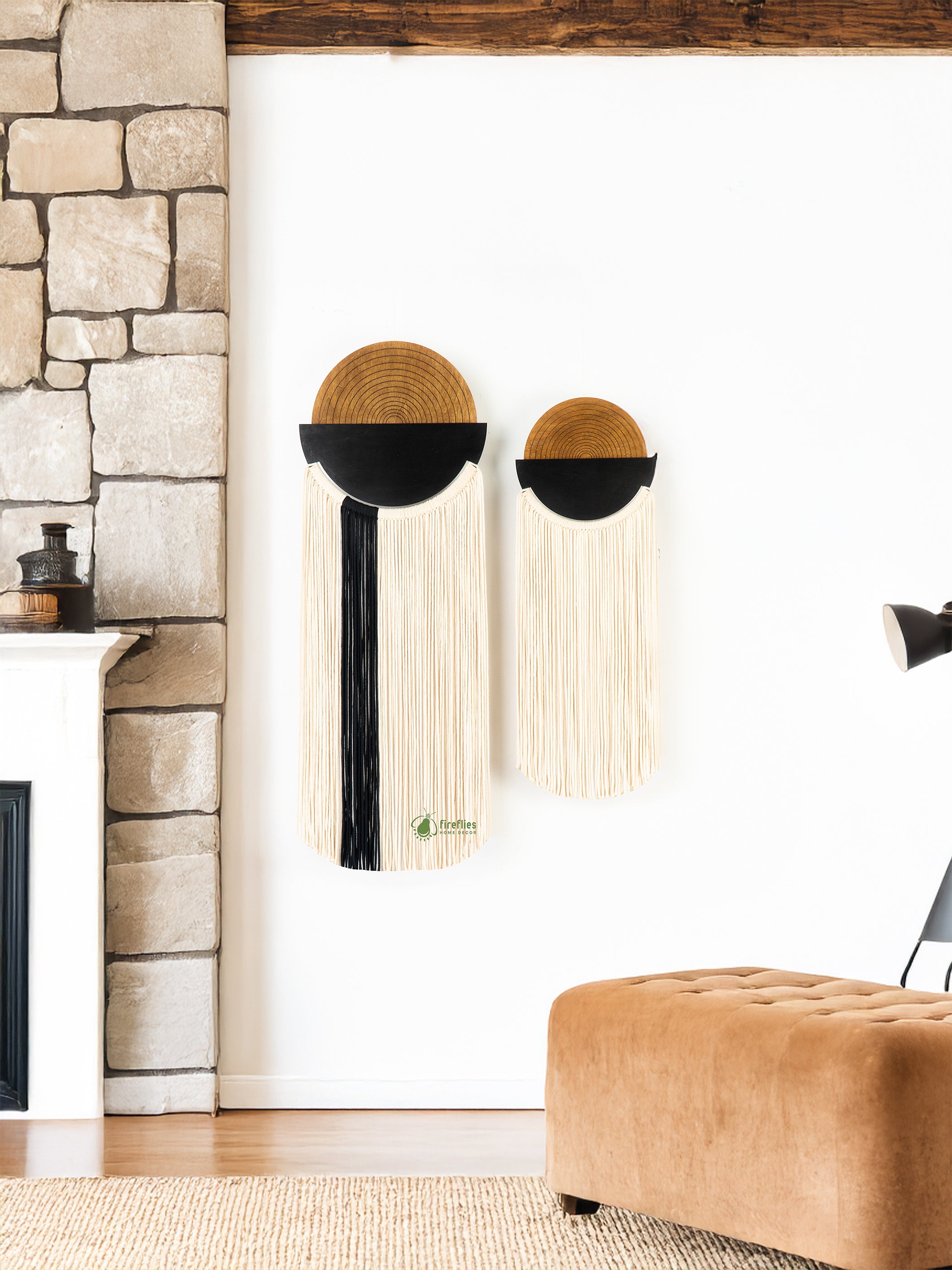 Decorative wall art with circular designs in a living room setting.