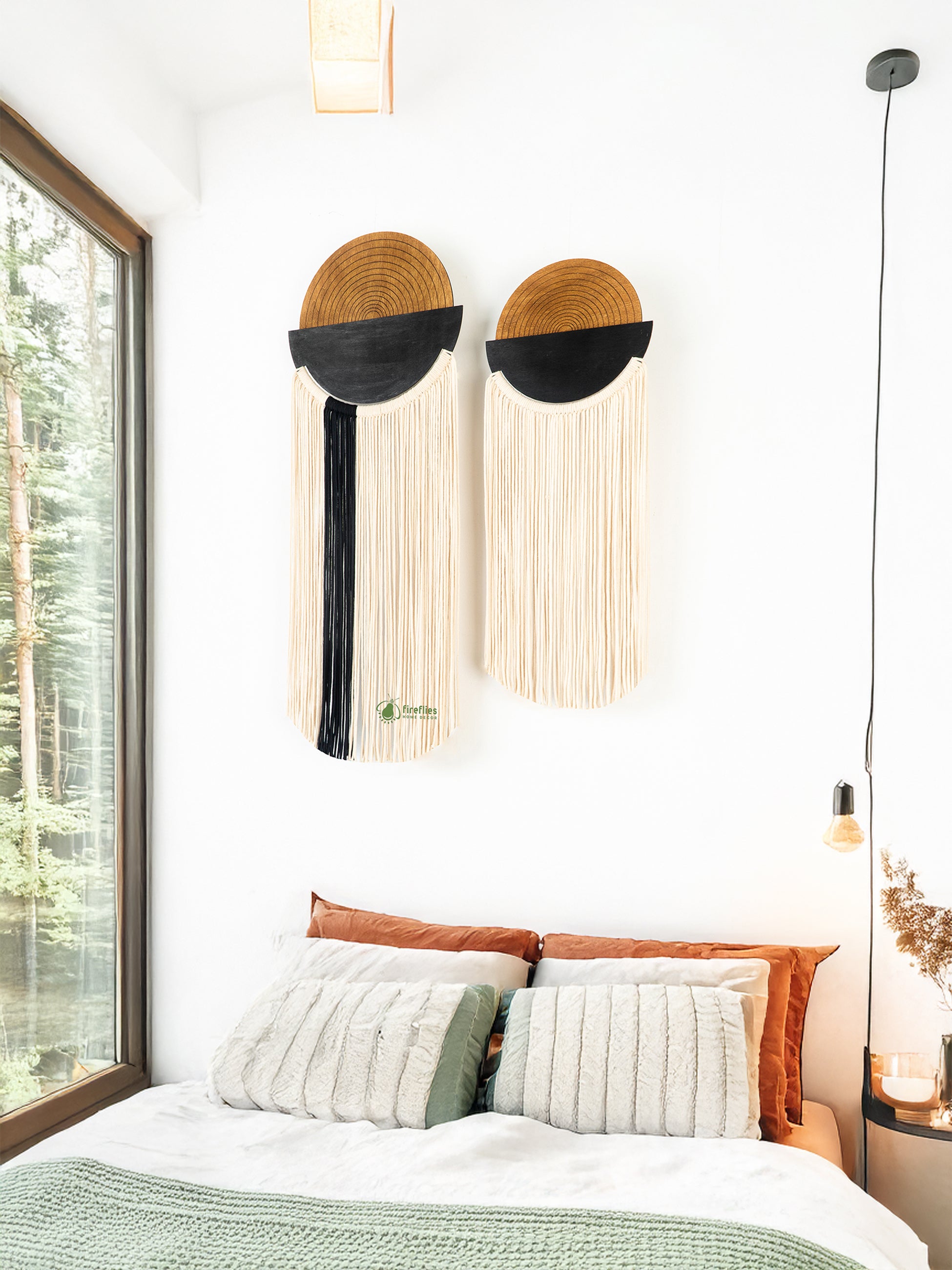 Decorative wall art with rattan design in a bedroom setting