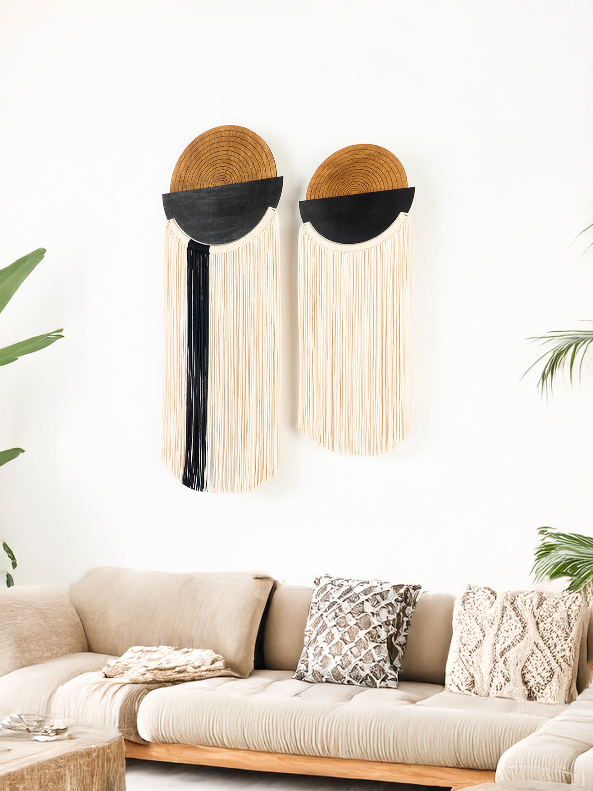 Abstract wall art with geometric design in a living room setting