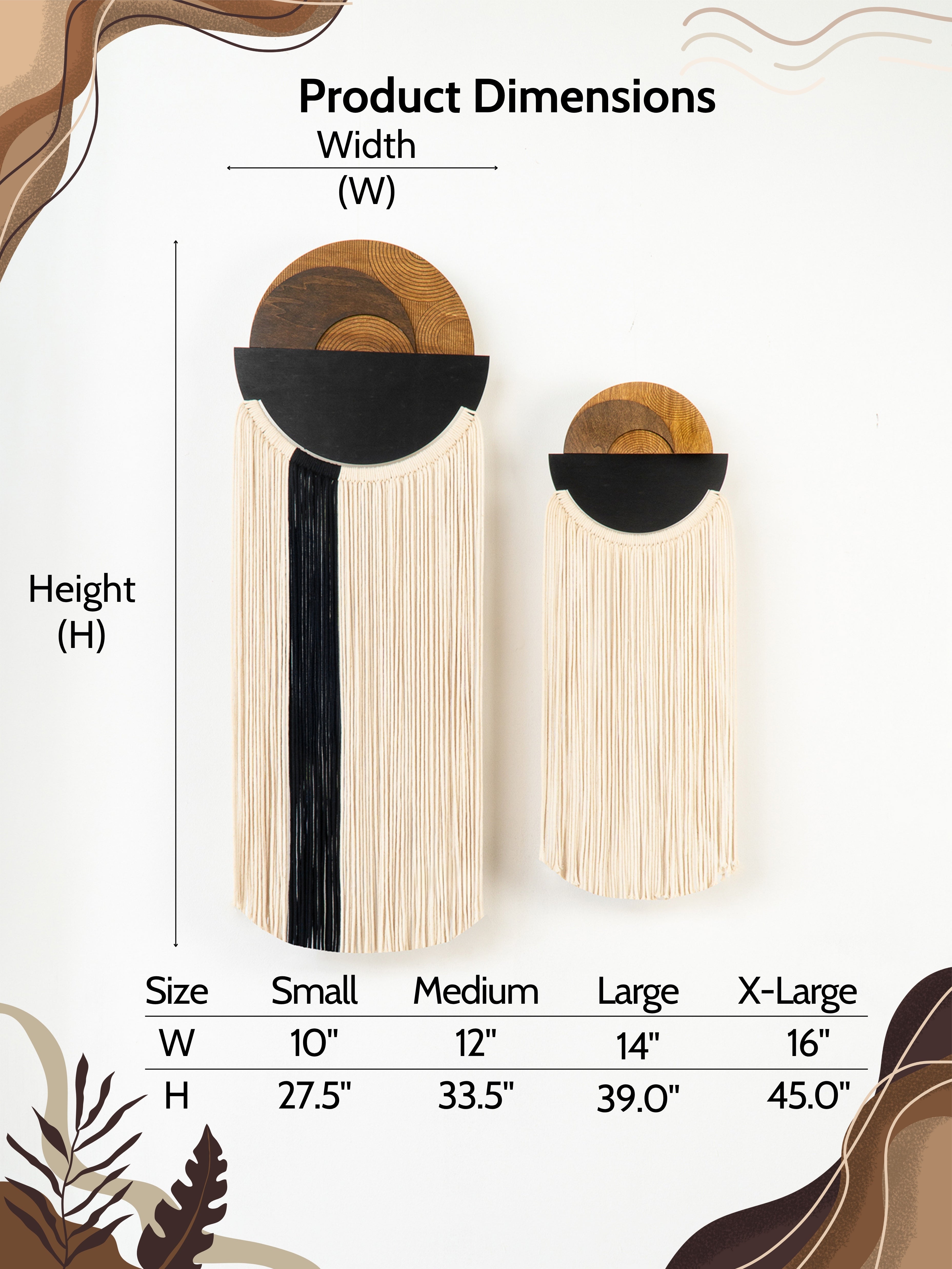 Product dimensions chart for wall art with wooden and black elements on a white background.