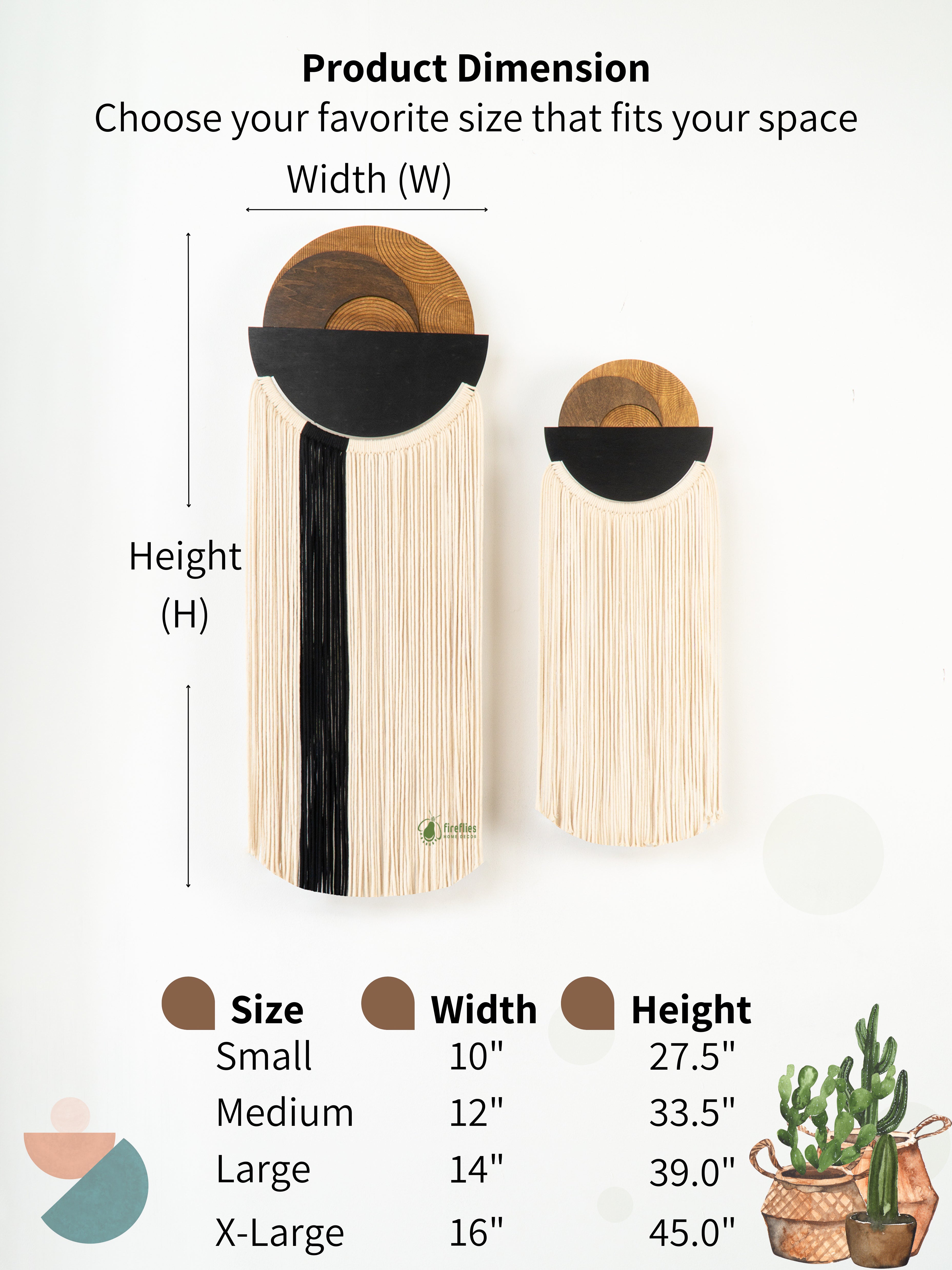 Product dimensions chart for wall art with size options and measurements.